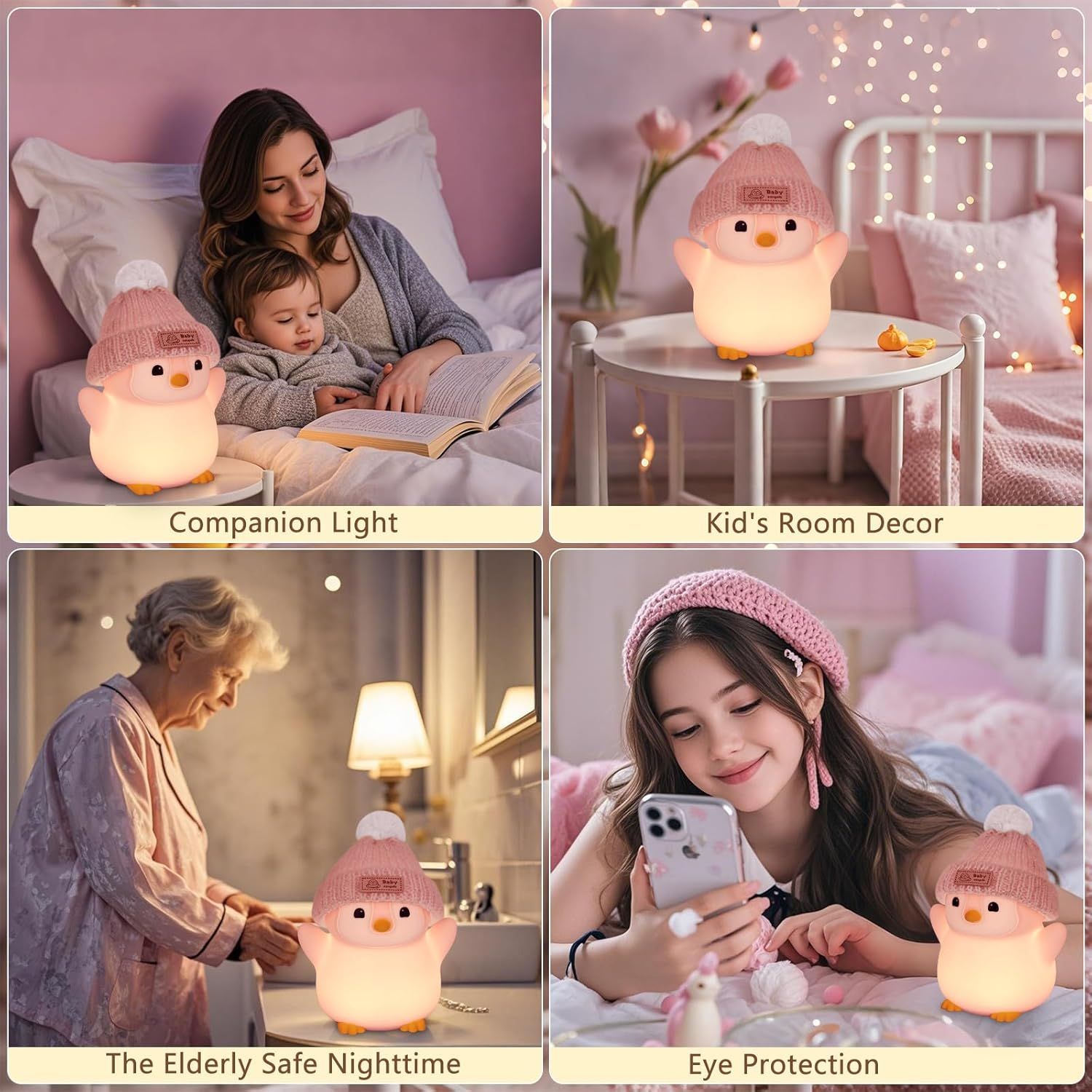 FAMIDUO Penguin Night Light, Cute Pink Penguin Lamp with Knit Hat, Soft Silicone Nursery Nightlight for Baby, Rechargeable/Dimmable/Timer,Led Squishy Novelty Animal Bedside Lamp,Funny Gifts for Kids image number 5