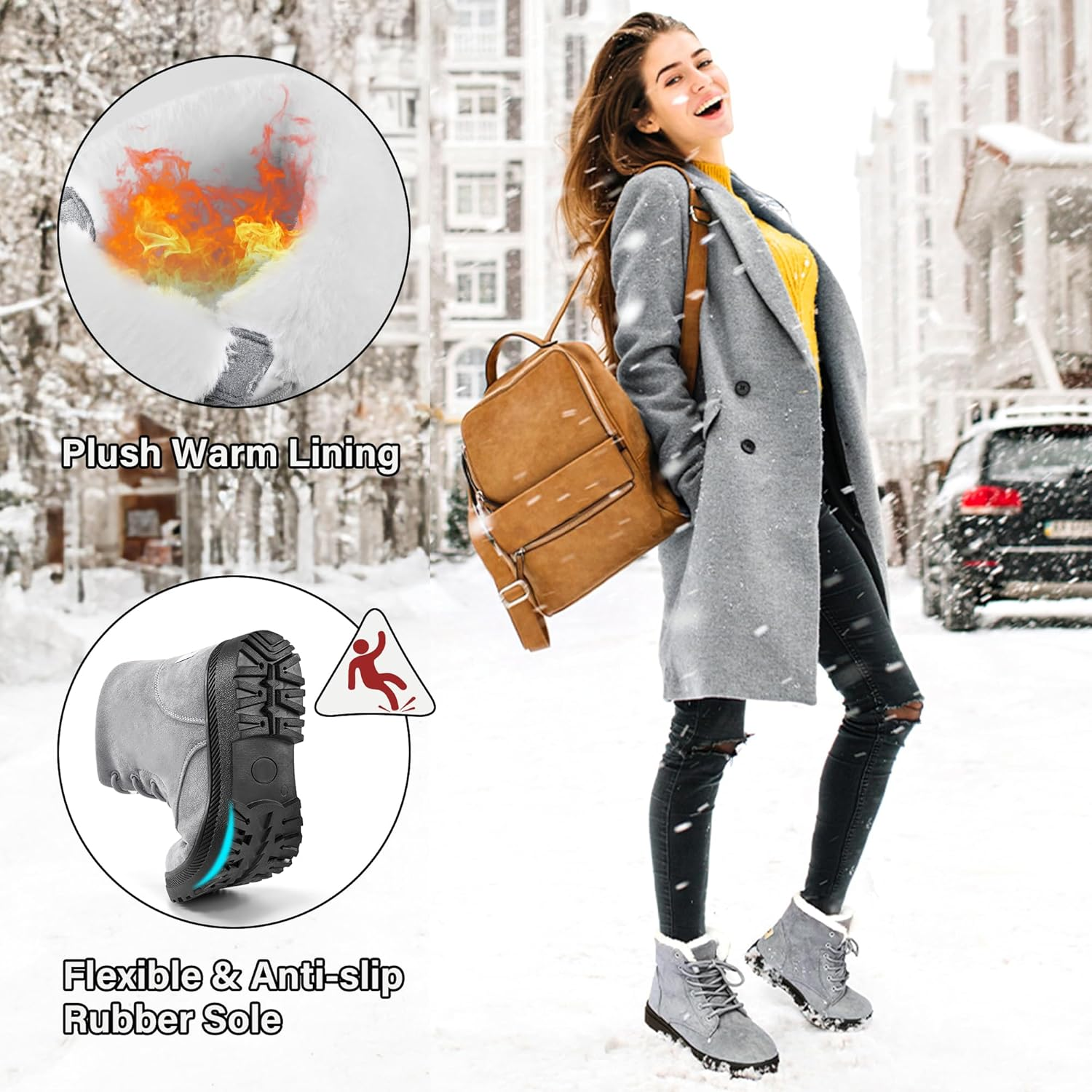 Alicegana Women'S Cotton Warm Fur Snow Winter Lace up Flat Cute plus Size Comfortable Ankle Platform Boots