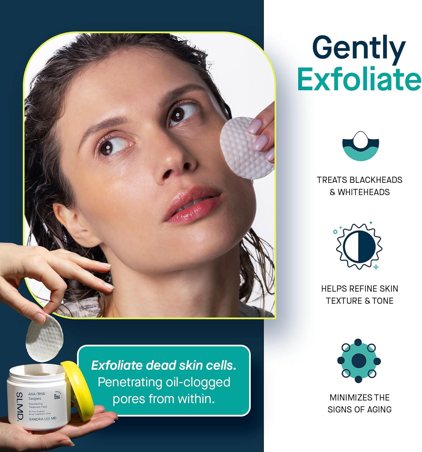 SLMD by Dr. Pimple Popper - AHA BHA Toner Pads Swipes, Salicylic Acid, Glycolic Acid & Lactic Acid - Daily Resurfacing Pads for Face & Body - Facial Exfoliating Resurface, Treat, and Prevent Acne image number 4