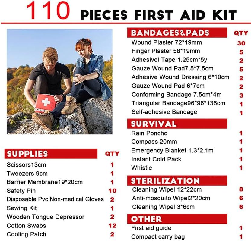 First Aid Kit - 110 Piece -For Hiking, Backpacking, Camping, Travel, Car and Cycling, Sports, Hiking or Office | Fully Packed with Emergency Supplies image number 3