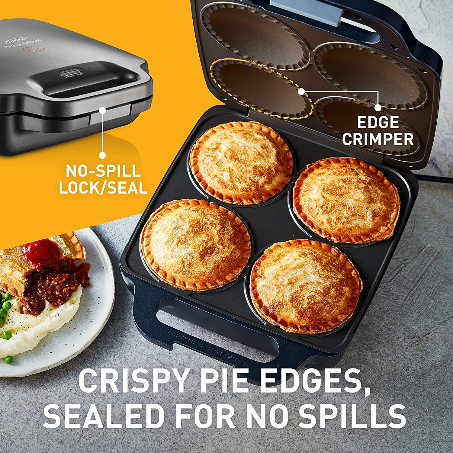 Sunbeam Pie Magic 4 up | Electric Pie Maker, Deep-Fill Plates Make 4 Traditional-Sized Crispy Pies, with Pastry Cutter for Perfect Portions & Pie Maker Recipes E-Booklet, Grey image number 5