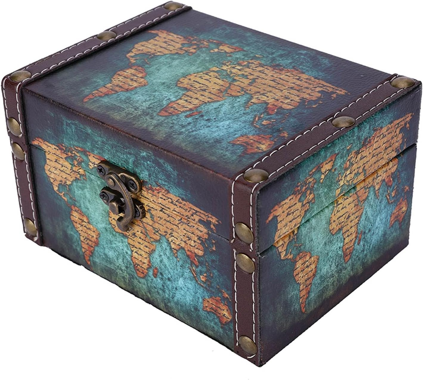 Wooden Storage Box European Style Vintage Jewelry Organizer for Home Office Decor Green Map Pattern image number 5