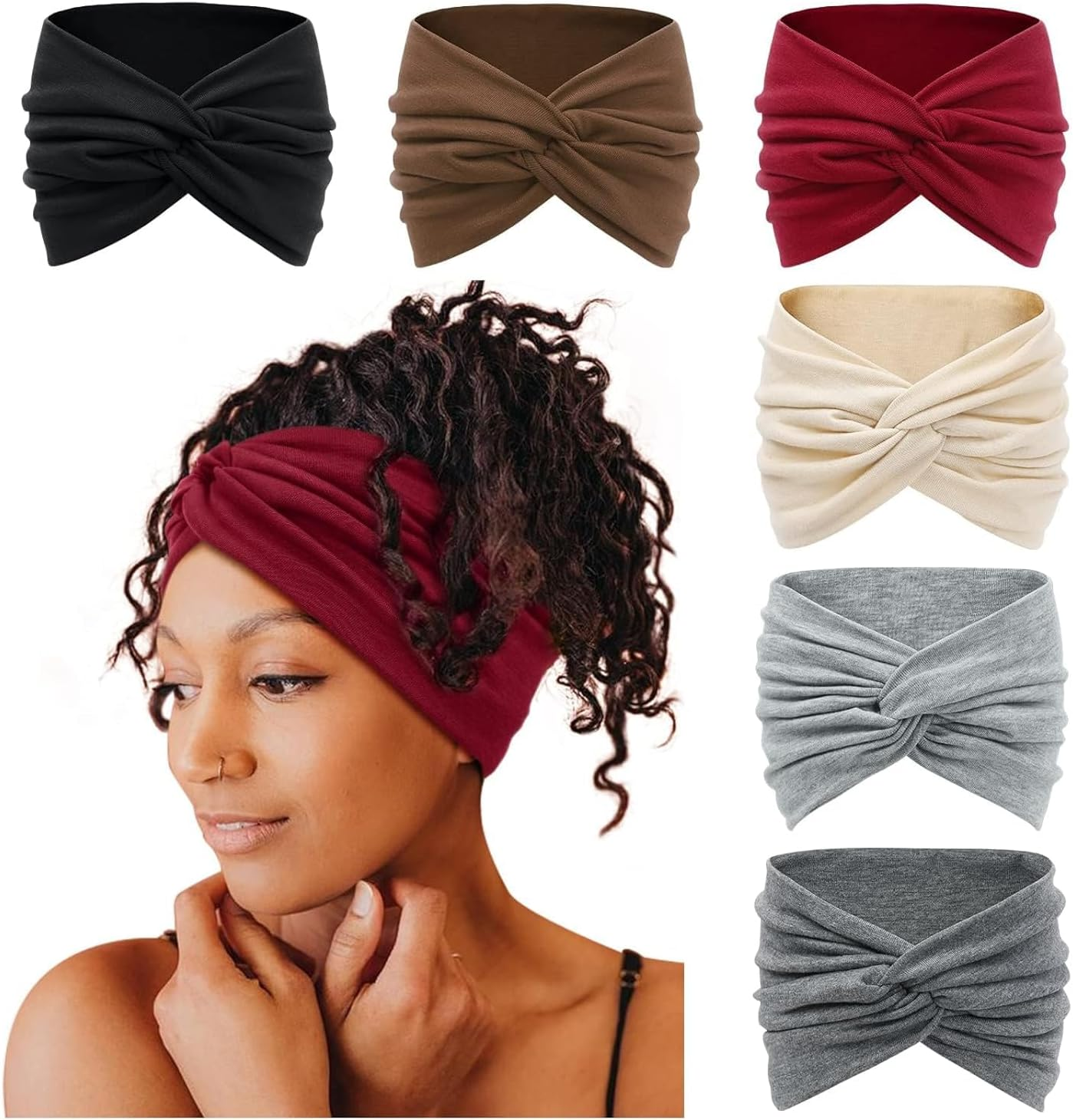 Sports Wide Headbands for Women,Extra Large Turban Non Slip Workout Headband Elastic Sweat Fabric Hair Scarf Sweatband Boho Hairband Hair Twisted Knot Running Yoga Accessories 6 Pack