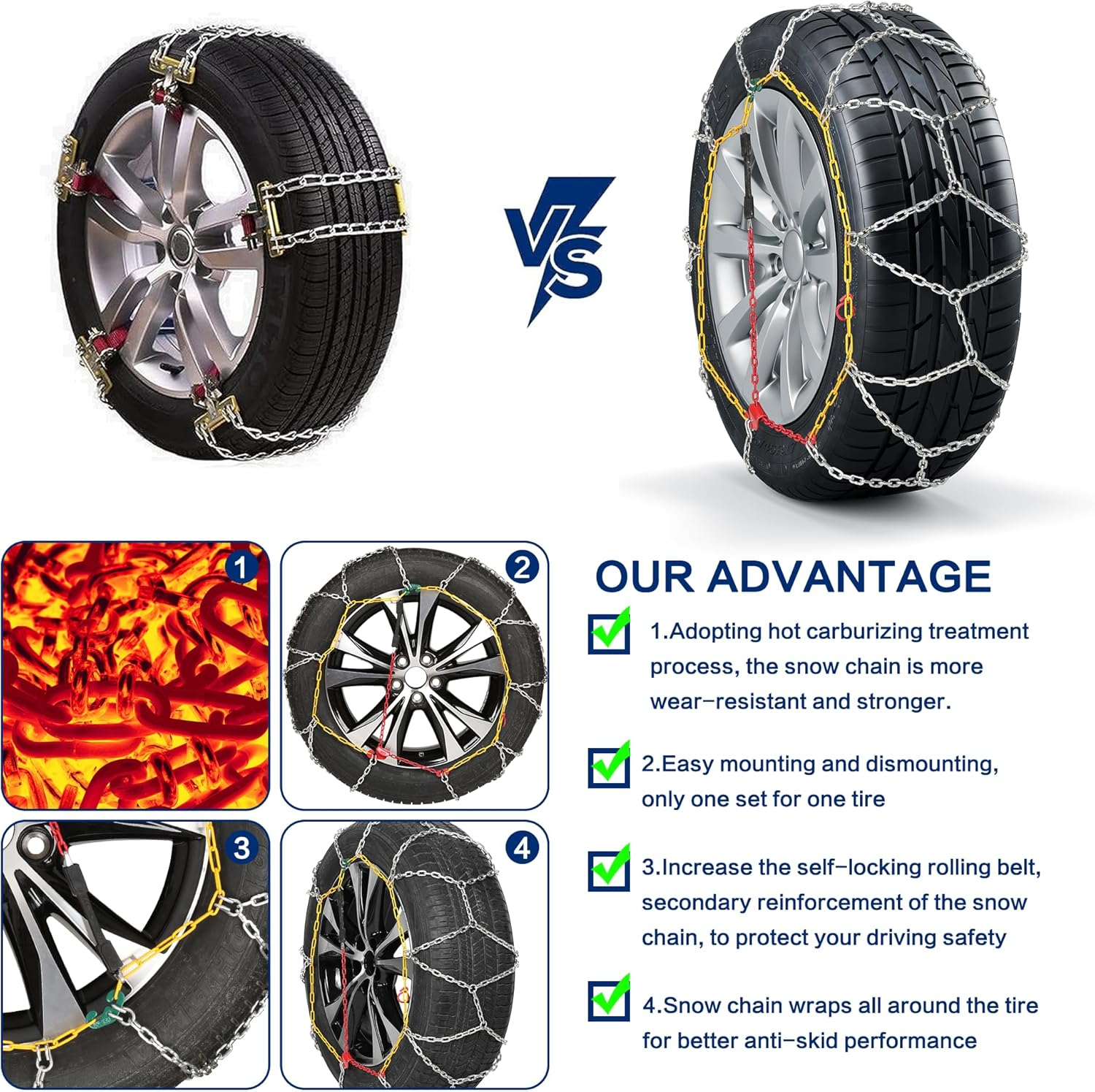 COCO BIRD Snow Chains, Wear-Resistant High Carbon Steel anti Slip Tire Chain for Passenger Cars, Pickups, and Suvs, Set of 2 (KN150) image number 2