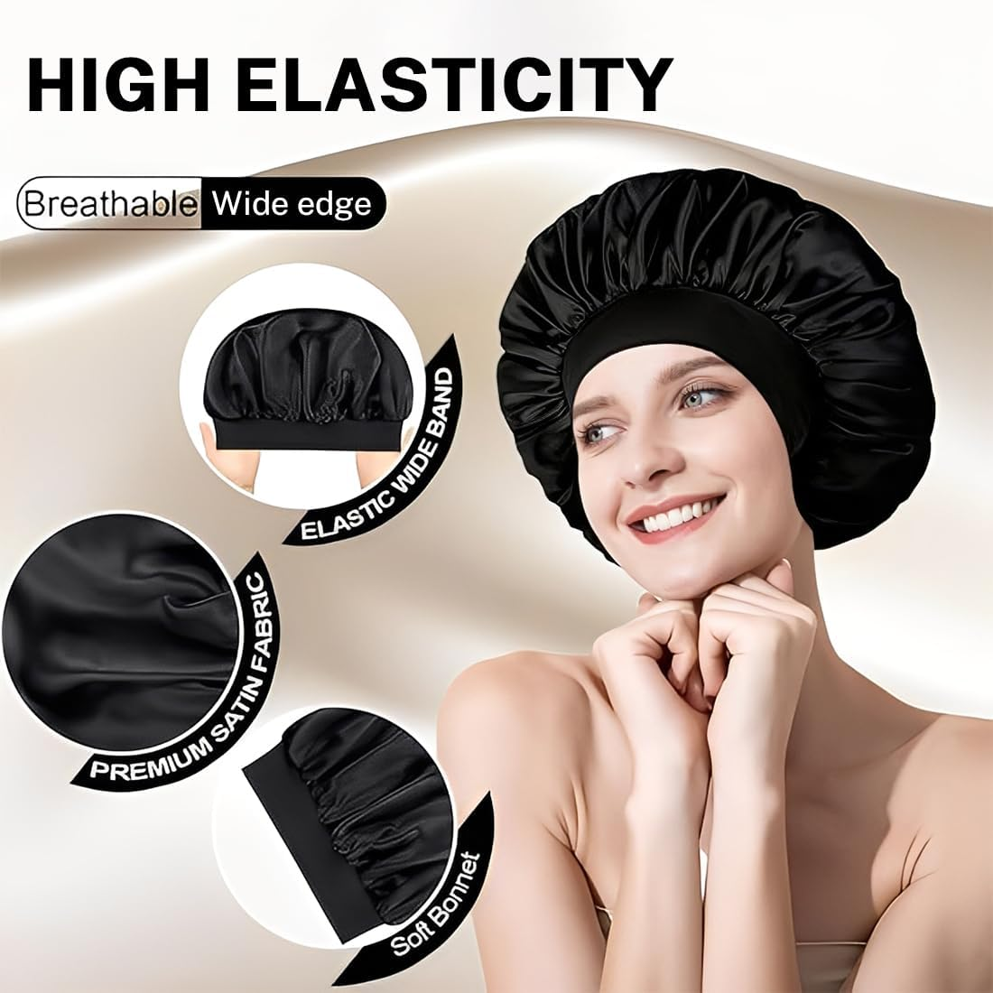 KIRZAX Pack of 3 Silk Caps for Sleeping, Breathable Sleep Cap, with 3 Hair Elastics, Satin Hair Cap for the Night, for Women and Girls (Black, Brown, Leopard)