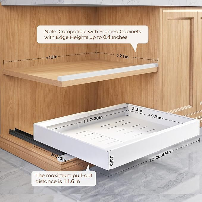2 Pack Pull Out Drawers for Cabinets Expandable. Adjustable Width (32-52Cm), 42Cm Deep White Storage Drawer with 3 Slide Rails for Kitchen Pantry Cabinet, Adhesive Film Included image number 1