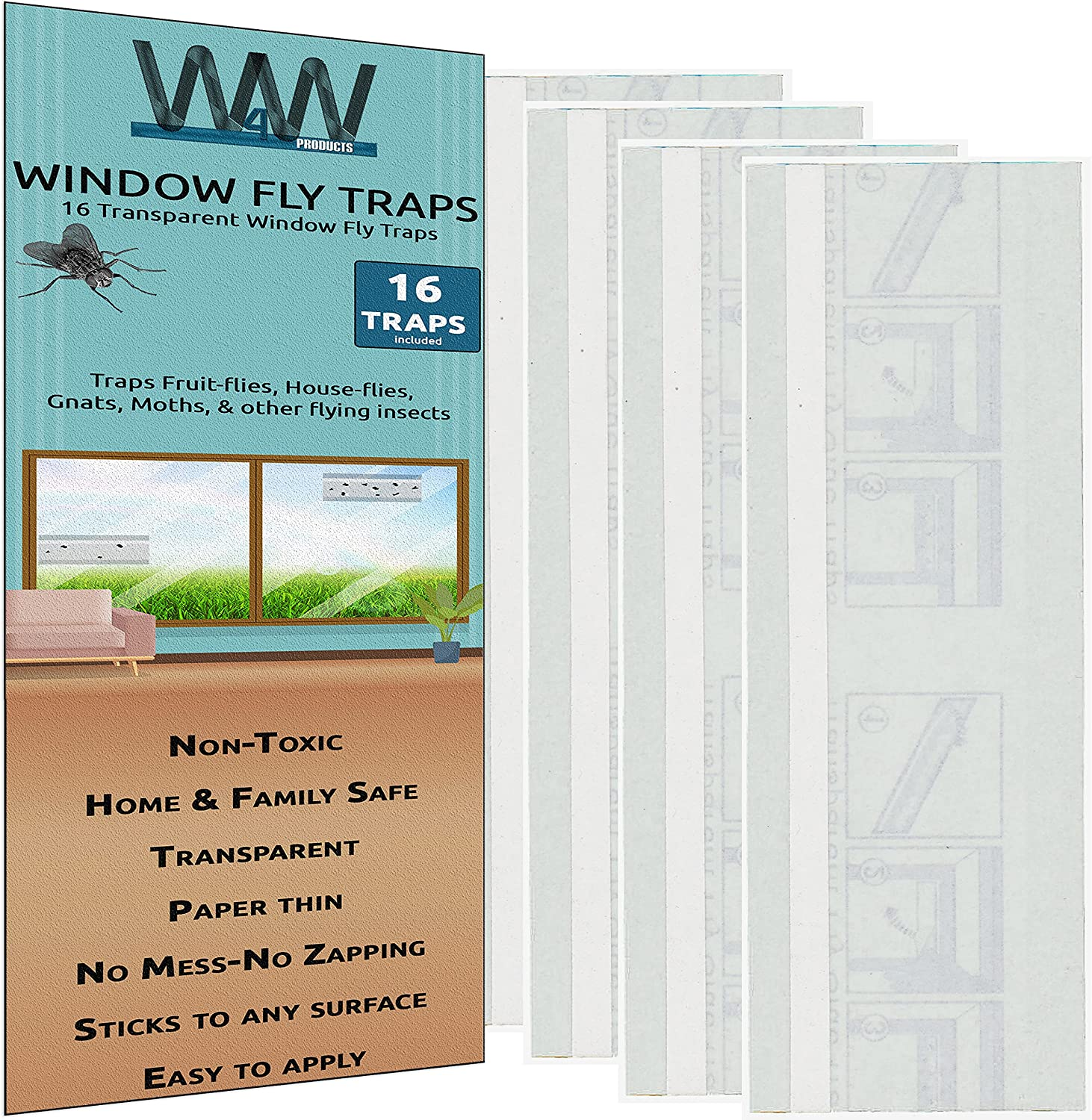 W4W Flies & Bug Window Fly Trap - Indoor / Outdoor Non Toxic Clear Window Fly Traps - 16 Pack