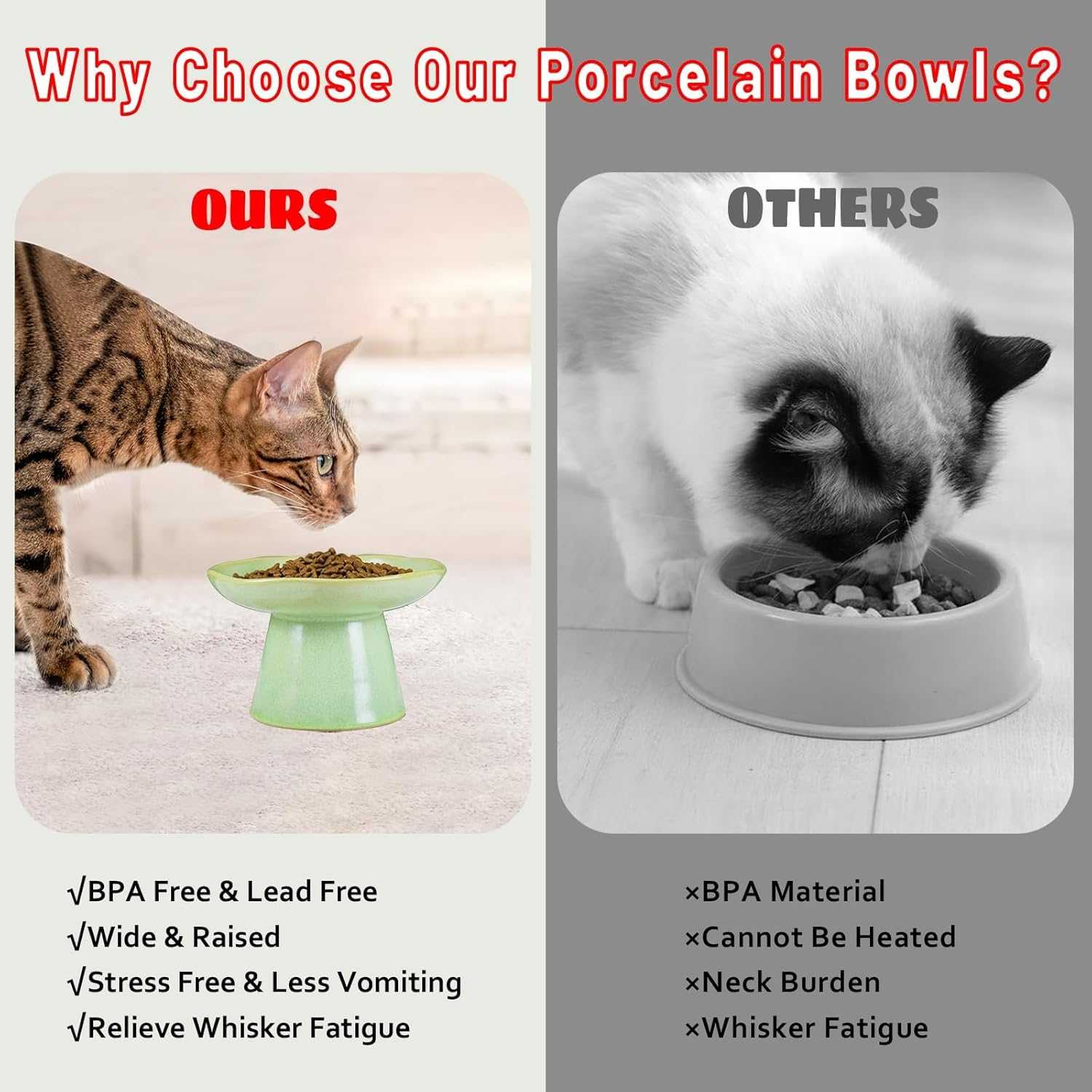 Wide Shallow 6.1" Raised Cat Bowls, Ceramic Elevated Food Bowl for Flat Faced Cats and Small Dogs, Porcelain Feeder Bowl, Stress Free, Protect Cat&rsquo;S Spine, Green image number 4