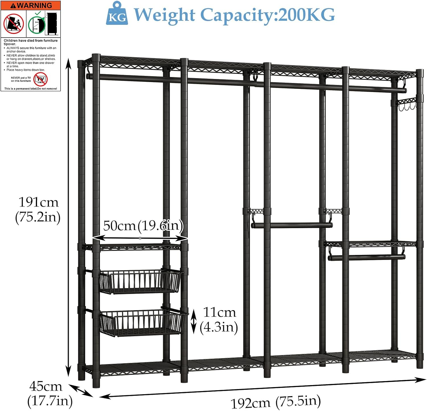 Clothes Rack Heavy Duty Clothes Rails, Metal Garment Rack Freestanding Portable Wardrobe Closet Rail with 2 Slid Baskets for Hanging Clothes Wire Clothing Rack, 192.5 X 45 X 195 Cm, Black image number 5