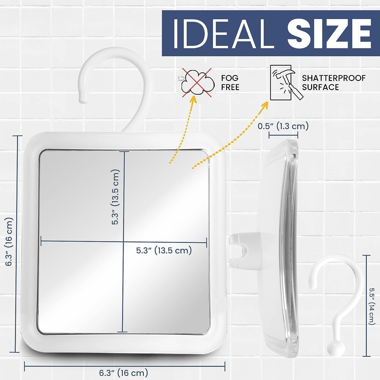 MIRRORVANA Hangable Fogless Shower Mirror for Shaving with 360&deg; Swivel Hook for Hanging - anti Fog Shatterproof 6.3" X 6.3" Surface image number 5