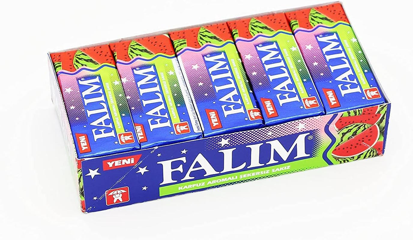 Falim Sugar Free Sugarless Chewing Gum - Total 100 Pieces - Pack of 5 X20 Pieces - Tooth Friendly - Certified Member of the University of Zurich Dental Friendly Association (1996) Watermelon Flavored