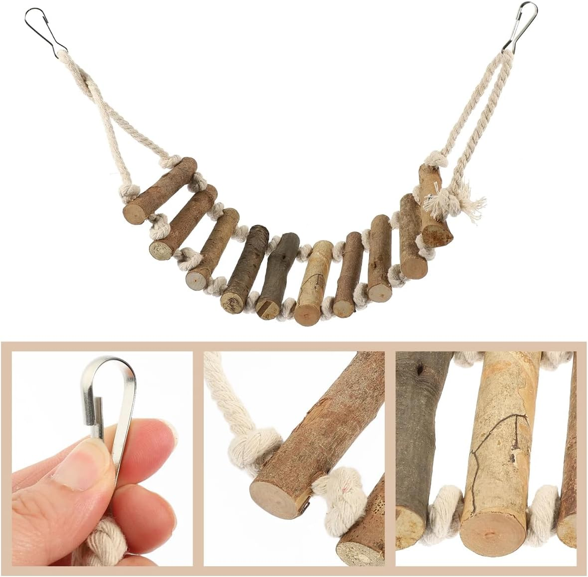 AIMALL 2 Pack Wooden Parrot Ladders &ndash; 9.84&times;3.93In Natural Wood Suspension Bridge Toys for Budgerigars, Cockatiels, Small and Medium Birds Climbing Activity image number 3