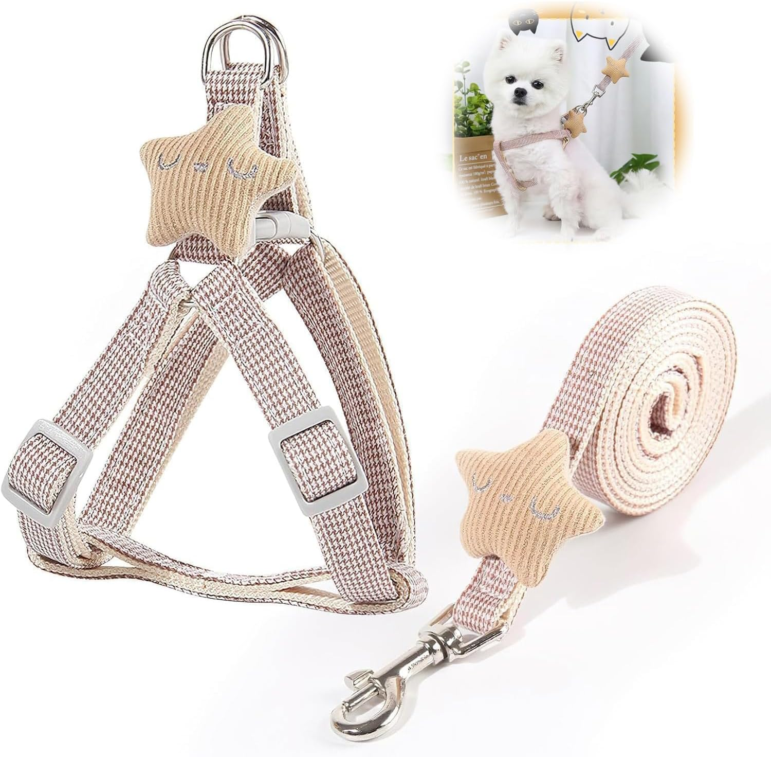 WEZCHUGHAOL Adjustable Soft Suede Dog Harness and Leash Set with Star Decor for Puppy, Small & Medium Dogs - Breathable Comfort Fit Pet Vest for Walking Training (Brown)