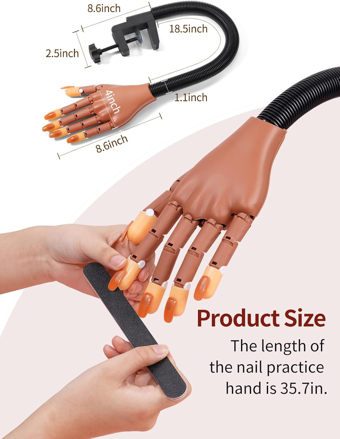 Nail Practice Hand for Acrylic Nails: Realistic Nail Hand Practice Model - Flexible Training Hand for Beginners - Bendable Fake Hand for Salon - Brown-300 Nail Tips image number 5