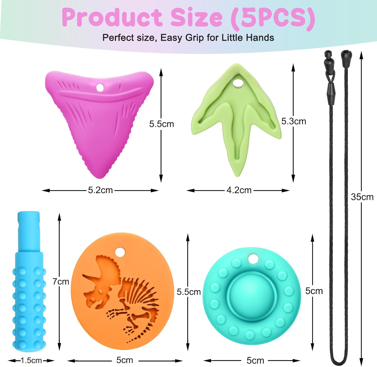 Chew Necklaces for Adults and Babies - Triceratops 5 Piece Set, Bpa-Free Silicone Sensory Chew Necklaces for Anxiety Relief, Easy to Hold, with Massage Blocks to Relieve Teething Pain