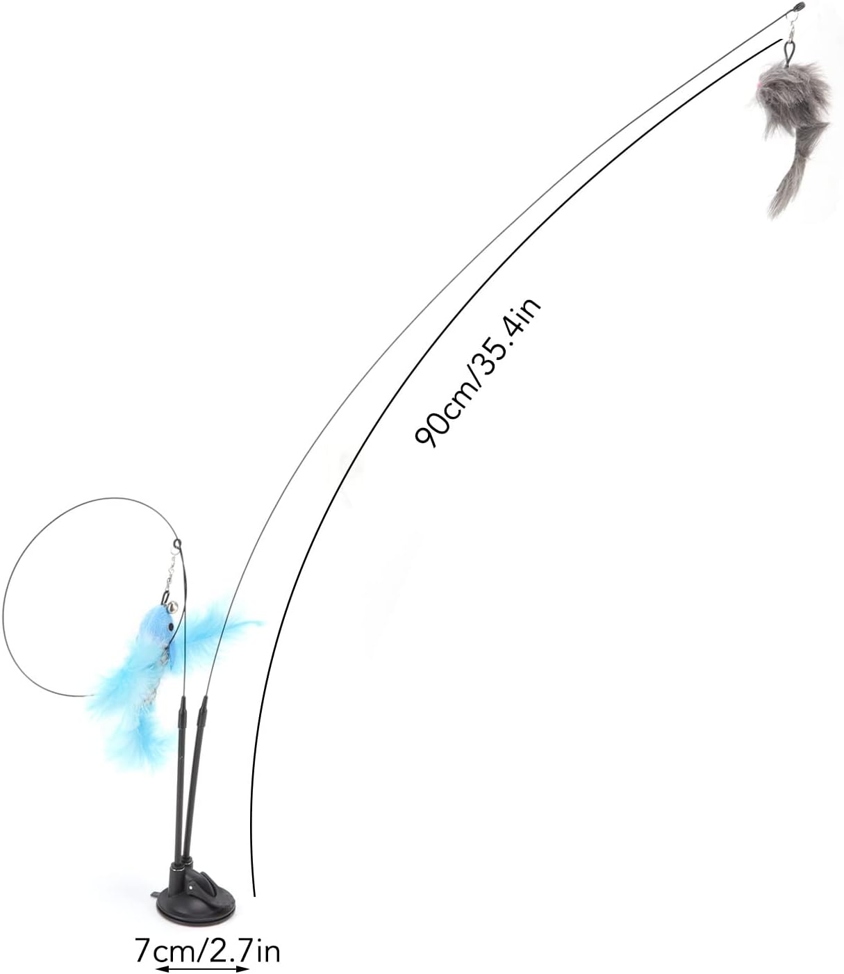 Cat Teaser Stick Toy, Powerful Base Flexible Boredom Relief Double Ended Suction Cat Feather Wand Interactive Toy Indoor Removable Steel Wire (Blue Flying Fish and Gray Mouse) image number 5