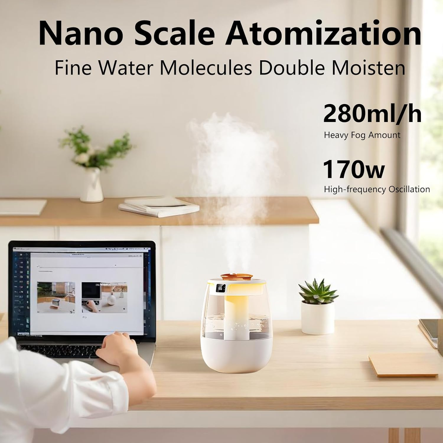 Air Humidifier, Mini USB Dual Spray Humidifier, 3 Spray Modes, UV Antibacterial Night Light, Humidity Display, Quiet, Air Humidifier for Bedroom Babies Room Desktop Office(White) image number 4