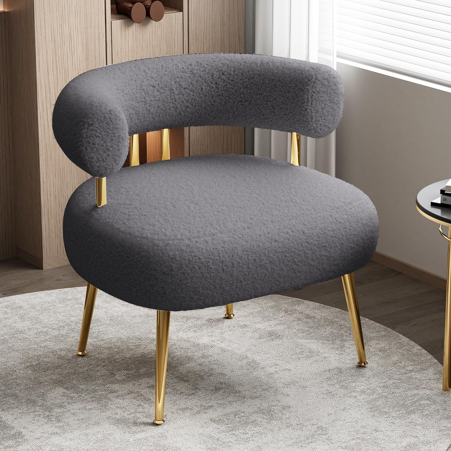 SEYNAR Mid Century Sherpa Boucle Accent Chair, round Upholstered Barrel Arm Chair for Small Spaces, Fluffy Side Corner Sofa Armchair for Living Room, Bedroom, Vanity, Office, Reading Nook(Grey)
