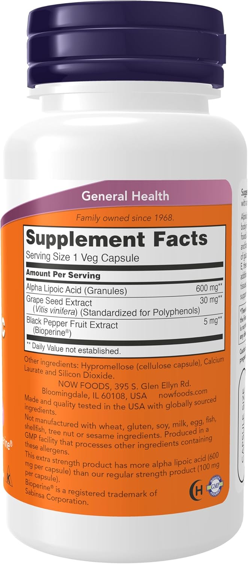 NOW Supplements, Alpha Lipoic Acid 600 Mg with Grape Seed Extract & Bioperine&reg;, Extra Strength, 60 Veg Capsules image number 6