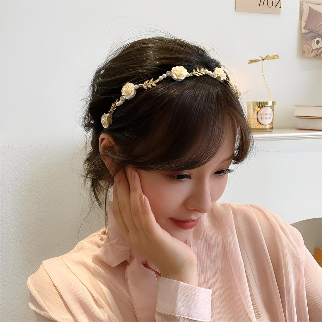 2 X Hair Band Made of Red Roses and White Rose Pearls, Bridal Headband, Light Gold Wedding Hair Band, Faux Pearl, Rhinestone Hair Crown, Crystal Pearl, Bridal Tiara, Hair Bands, Elegant Accessories image number 5