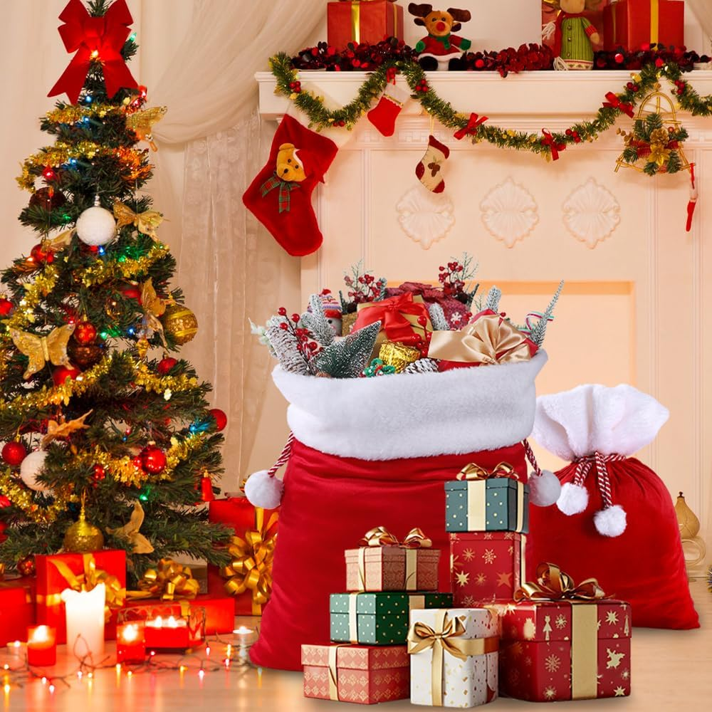 DIYDEC 2Pcs Christmas Velvet Santa Bags with Drawstring - Red Santa Gift Bags Large for Xmas Present Party Supply image number 3