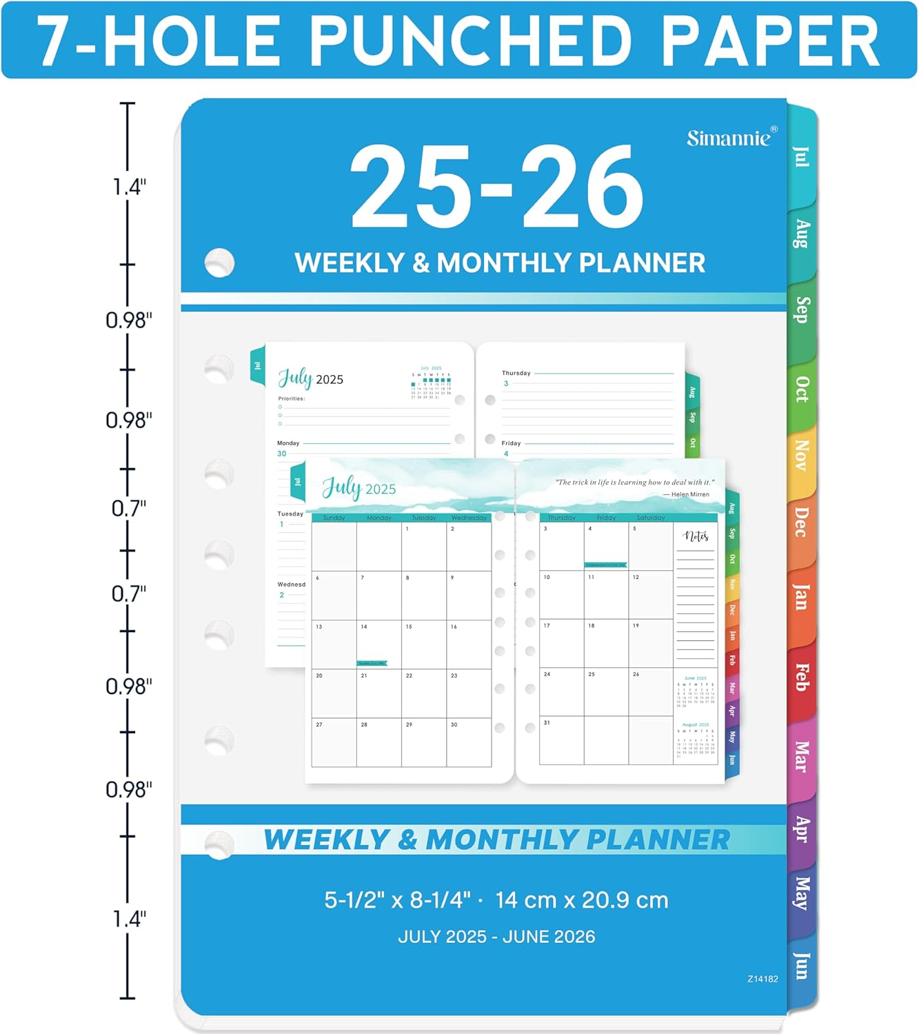 2025-2026 Monthly Planner Refills - 7-Hole Planner Inserts from JULY 2025 to JUNE 2026, 5.5'' X 8.5'', A5 Planner Refills, 2025-2026 Weekly and Monthly Calendar with 7-Hole Punched image number 2