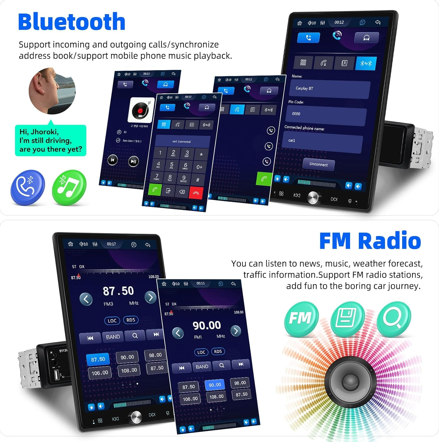 SIXTOP Single Din Car Stereo 10.4 Inch Touch Screen 180&deg;Rotate Vertical/Horizontal Screen Bluetooth Audio with Wireless Carplay & Android Auto Mirror Link FM Radio EQ USB+ AHD Camera & MIC image number 3