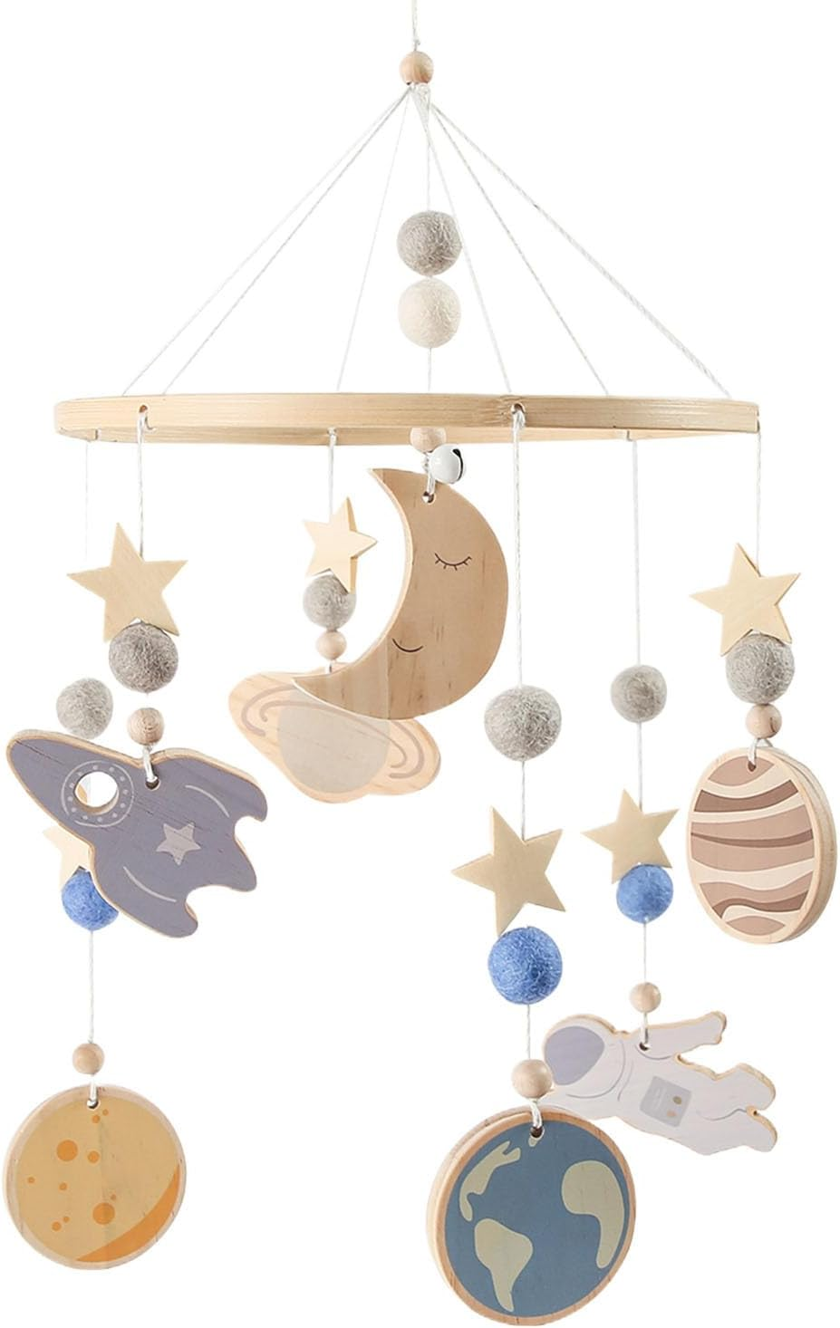 Crib Mobile, Kids Bedroom Wooden Decor, 360 Degree Rotating Space Pattern Crib Mobile for Calming Visual Stimulation Play Travel Night Sleep Bedding image number 5