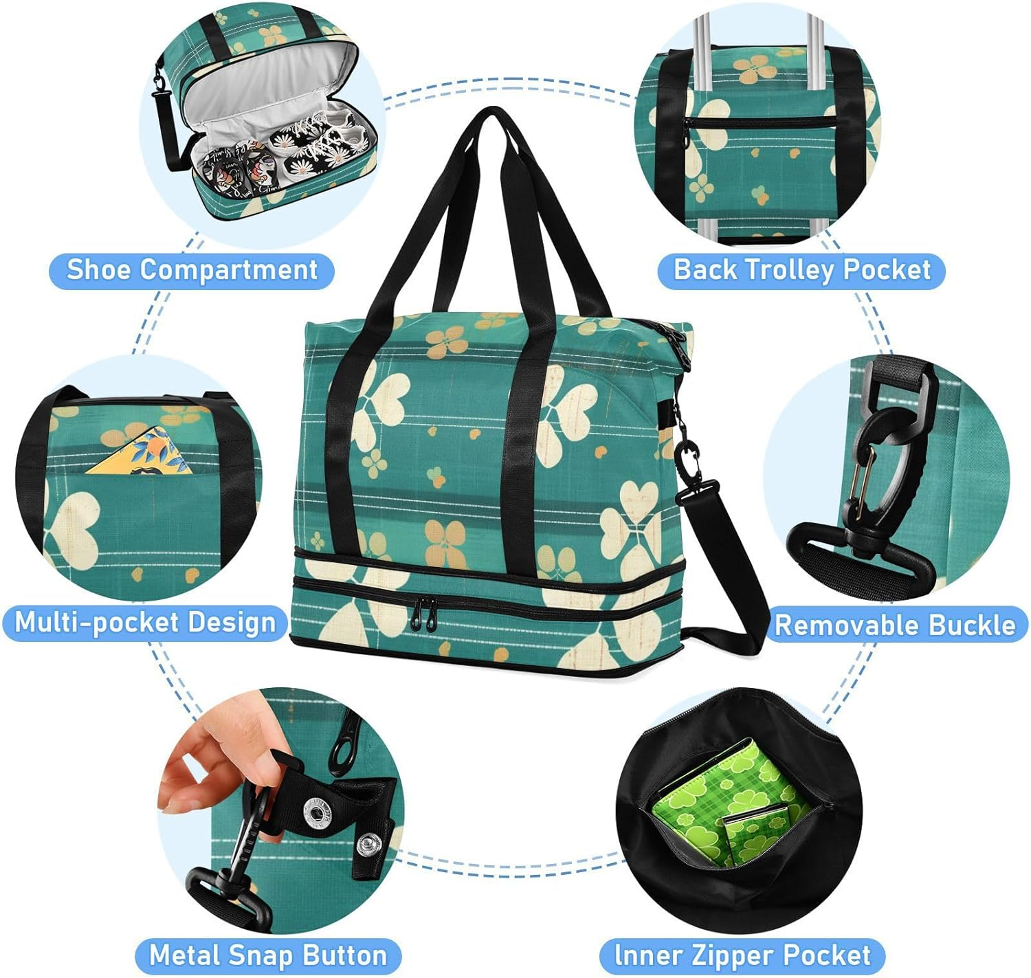 Clover Green Stripe Tote Bag Travel Weekender Gear Bag with Toiletry Bag for Sports Waterproof, Clover Green Stripe, 1 Size image number 1