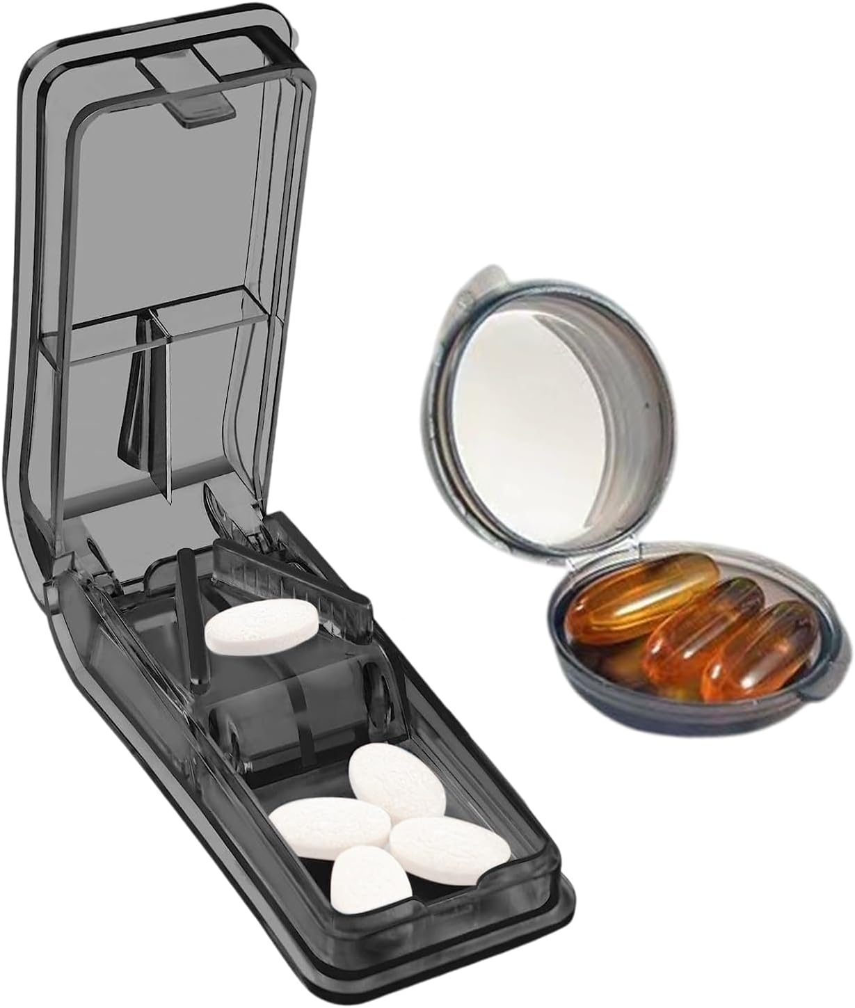 Multiple Pill Cutter with Grey Small Pill Box, Doubles as a Pill Box, Pill Cutter for Medication, Vitamins, Fish Oil and Supplements,For Purse Pocket
