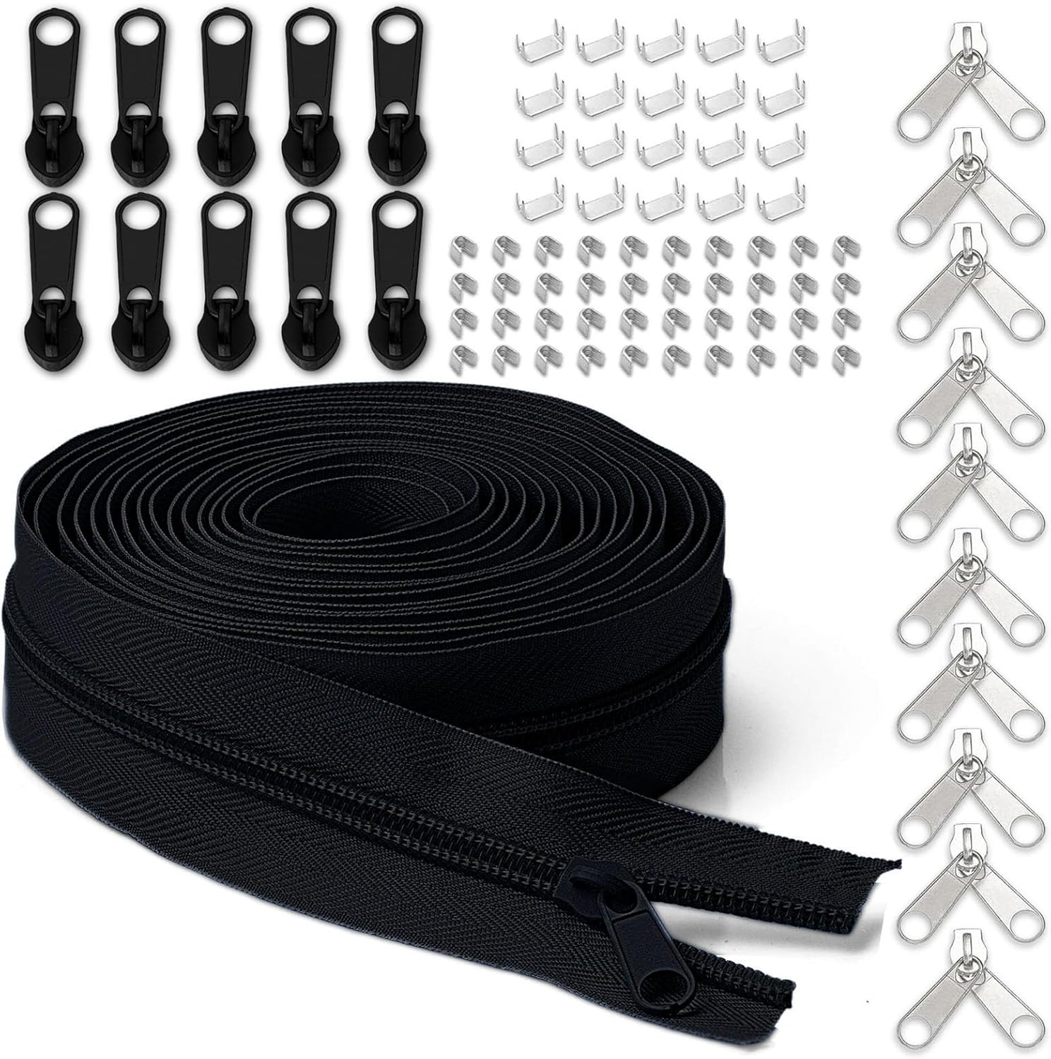YZSFIRM #3 Nylon Zipper Tape for Sewing - 10 Yard Coil Zippers by the Yard Black for DIY Craft - Replacement Roll with 10 Bulk Metal Sliders - 10 Double Sliders