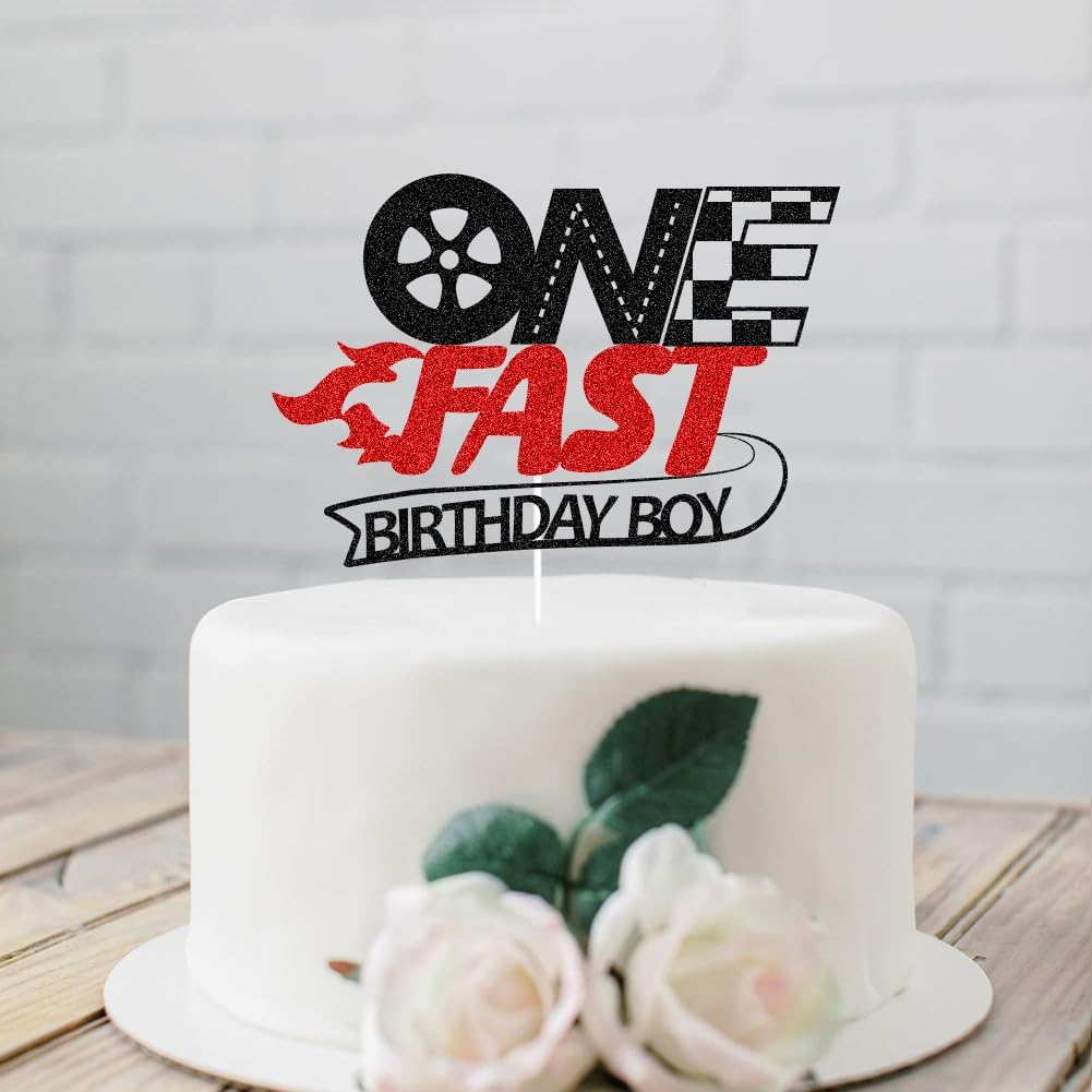 SWEETTALA One Fast Cake Topper Racing Car 1St Birthday Cake Decor Glitter 1St Birthday Party Decorations for Boys Black & Red image number 4