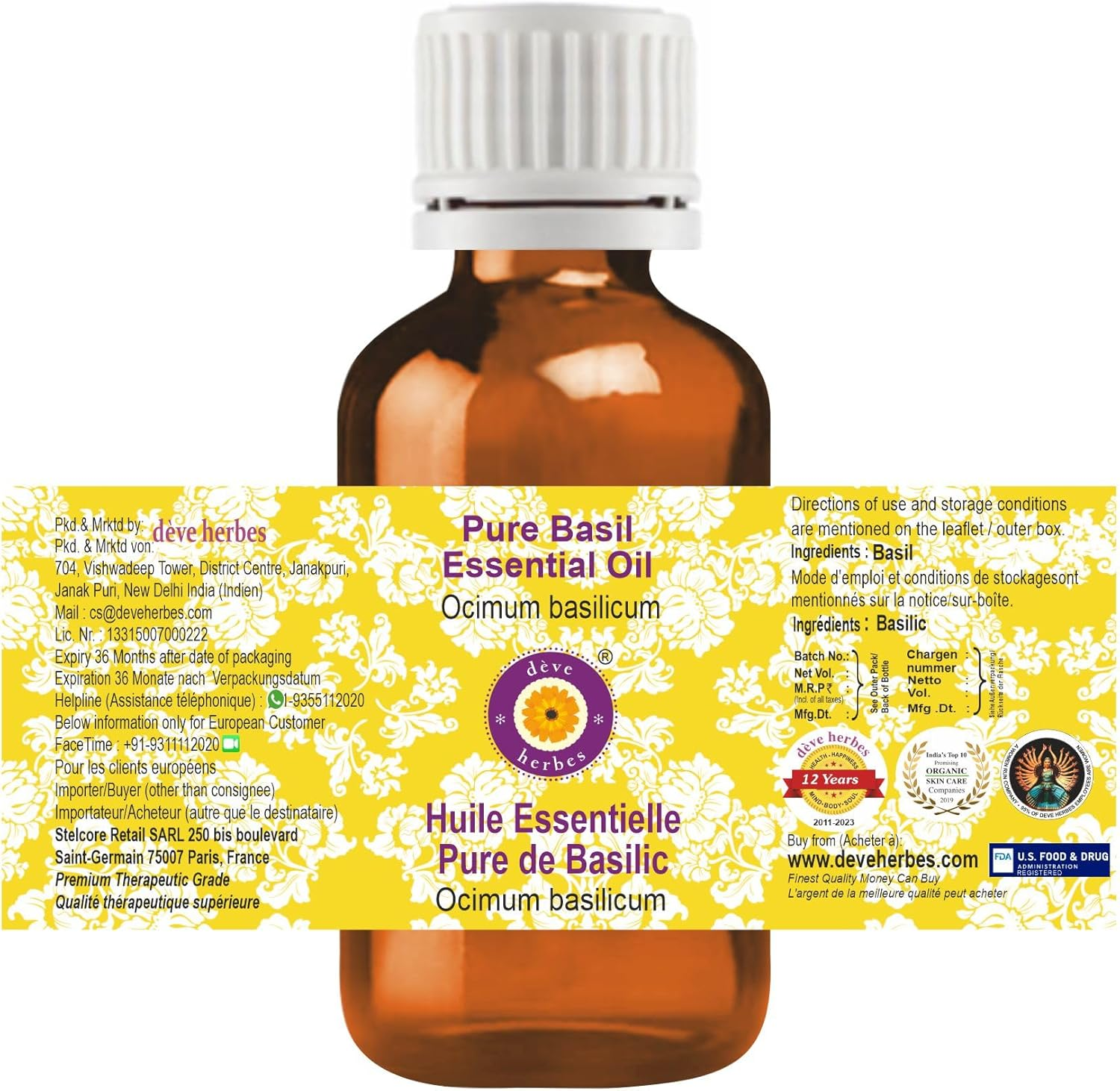 Deve Herbes Pure Basil Essential Oil (Ocimum Basilicum) Steam Distilled (Pack of Two) 100Ml X 2 (6.76 Oz) image number 2