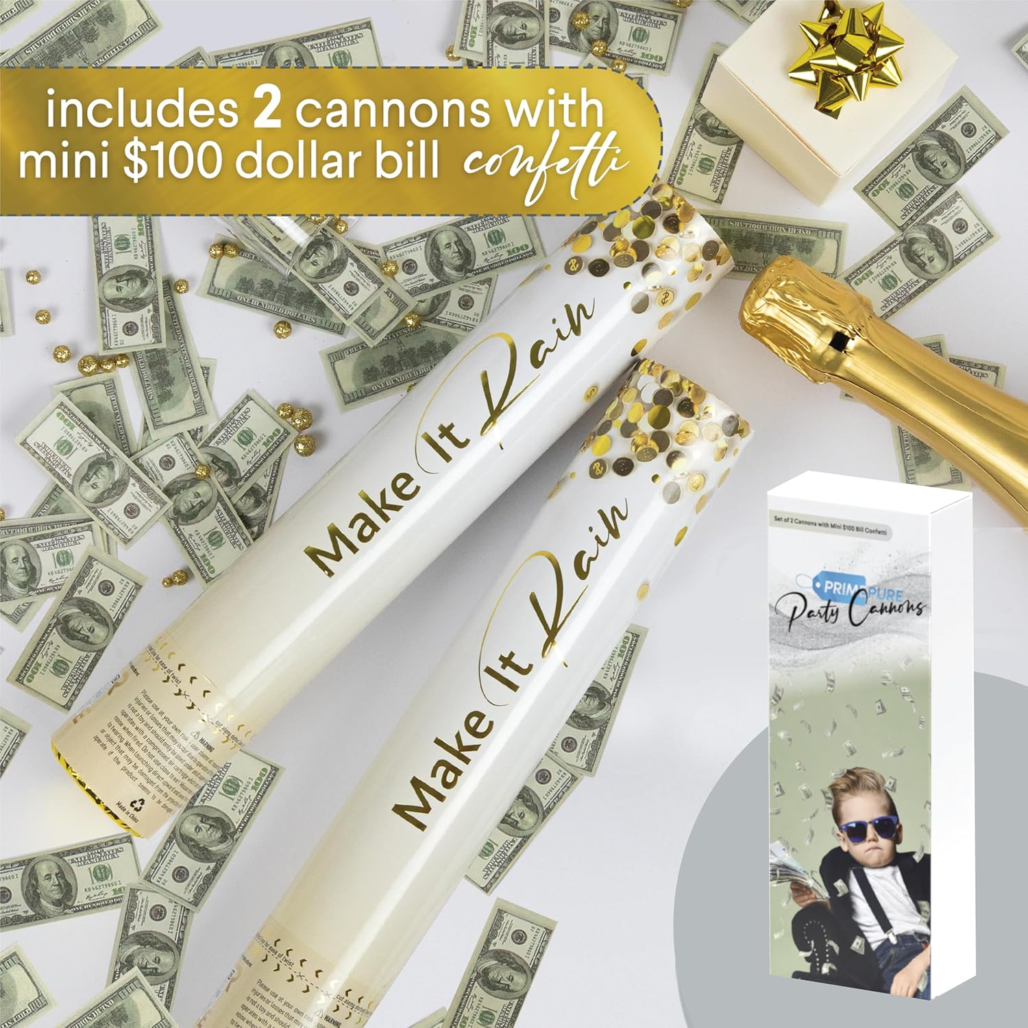 Primepure Confetti Cannon Party Poppers - Mini 100 Dollar Money Confetti Poppers - 2 Pack - Paper Money Bill Party Favours Gun for Wedding, Birthday, Celebrations image number 2