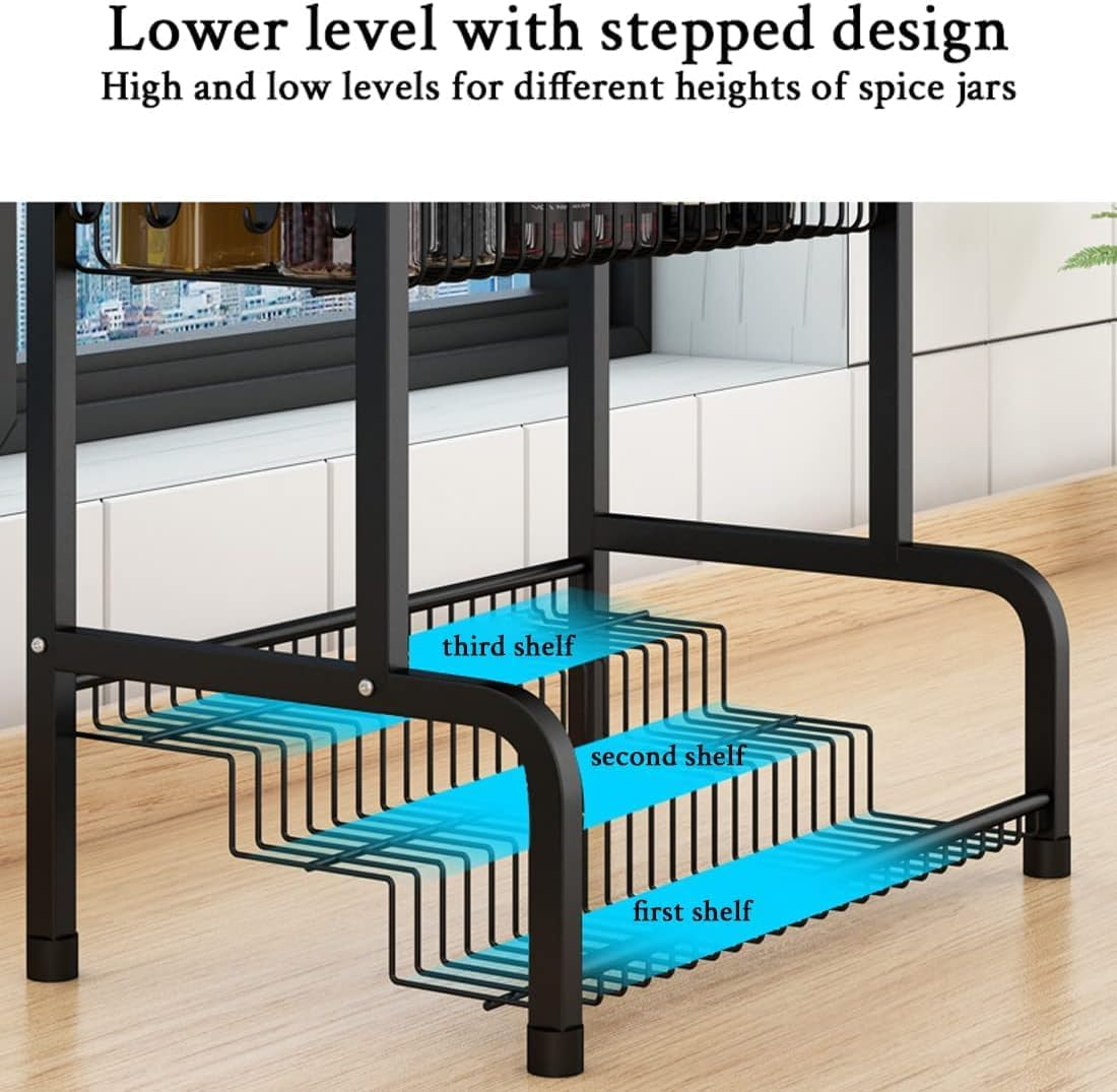 HCHANGEN Kitchen Spice Rack Organiser 2-Tier, Ladder Design Storage Stand with 8 Hooks