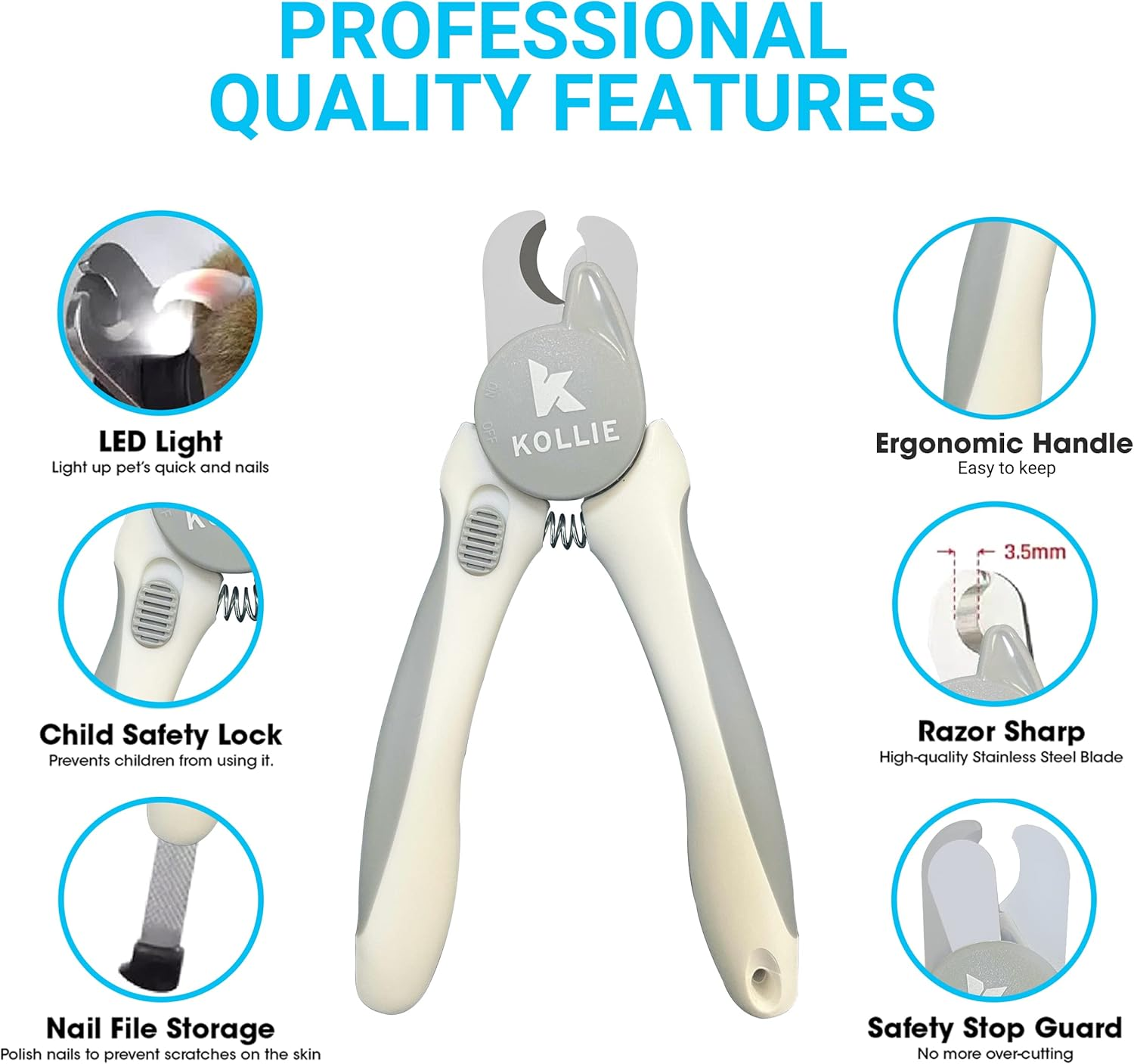Kollie Dog Nail Clippers with Light &ndash; See the Nail Bloodline for Safer Clipping, Safety Stop, Stainless Steel Blades, for Dogs & Cats - Blue image number 2