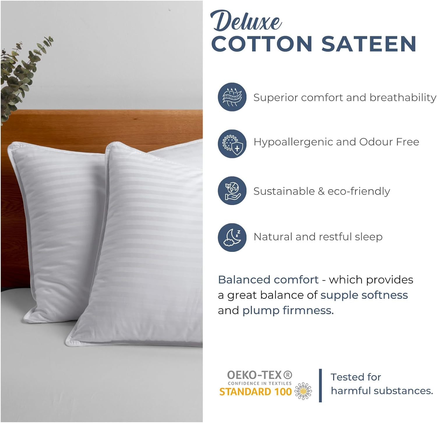 Dreamaker Hotel Collection Cotton Sateen Striped Cover Microfibre Pillow Hypo-Allergenic Anti-Dust Mite Designed to Support Neck, Side, Stomach, and Back Sleepers - Standard Size 73X48Cm (Pack of 2) image number 5