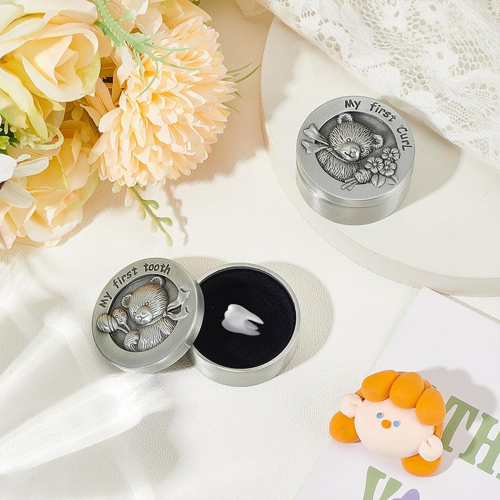 FINGERINSPIRE 2 PCS My First Curl & Tooth Bear Keepsake Box - 1.3Inch Inner Size Antique Silver Baby Teeth Collection for Childhood Memory, Alloy Tooth Holder and Curl Organizer Set