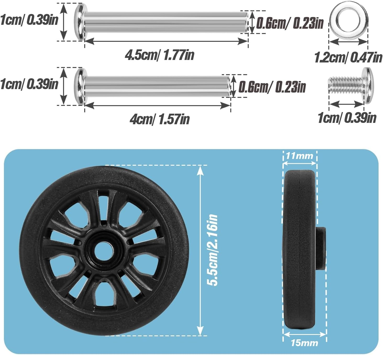 Volein 4 Pcs Suitcase Replacement Double Wheels, Wear Resistant Luggage Wheels Replacement with Bearings Spare Casters Kit for Worn Suitcase Tyres, 4 Pcs, Vn2-55Mm image number 4