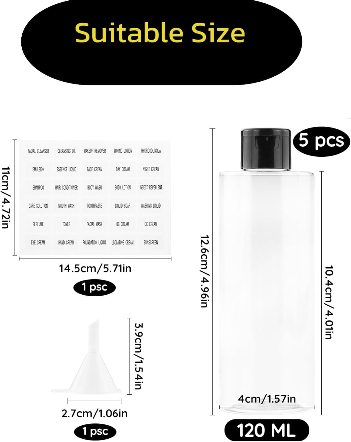 5PCS 120ML Plastic Bottles with Disc Top Flip Cap Empty Squeeze Bottles Refillable Travel Container Dispensing with 1 Funnel and Label for Liquid Lotion Toiletries（Transparent） image number 2