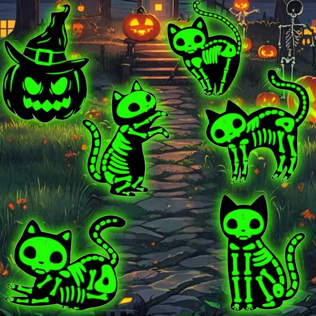 6 Pack Halloween Decorations Yard Sign,Scary Family Home Front Yard Sign Glow in the Dark Black Cat,Outdoor Yard Lawn Garden Halloween Decor