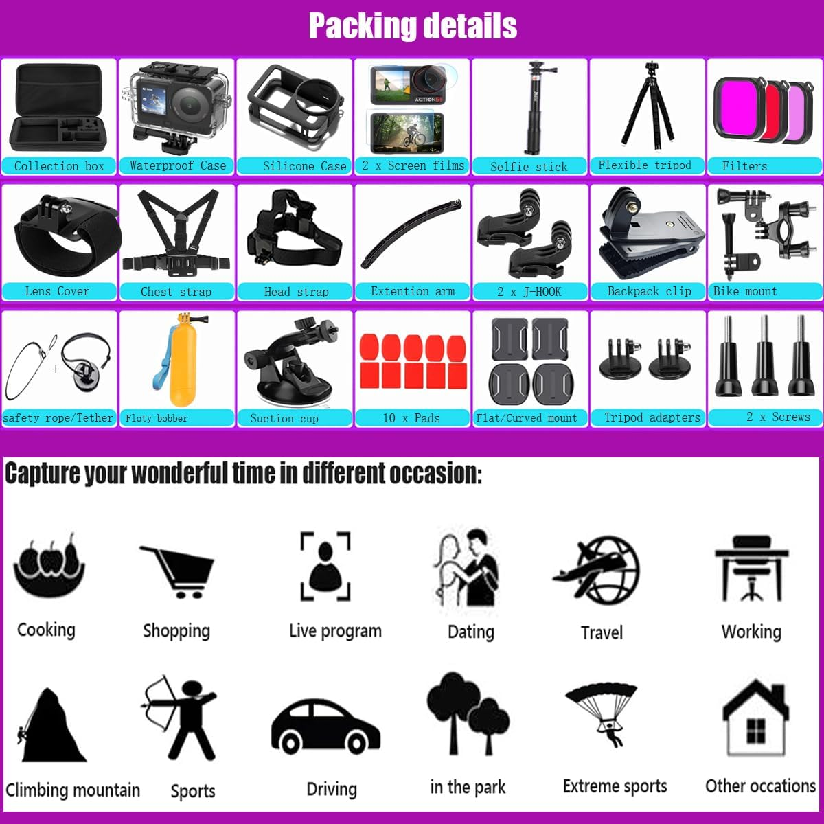 Husiway Accessories Kit for DJI Osmo Action 6 Waterproof Case Diving Housing Silicone Case Glass Screen Protector Film Whole Bundle 60D