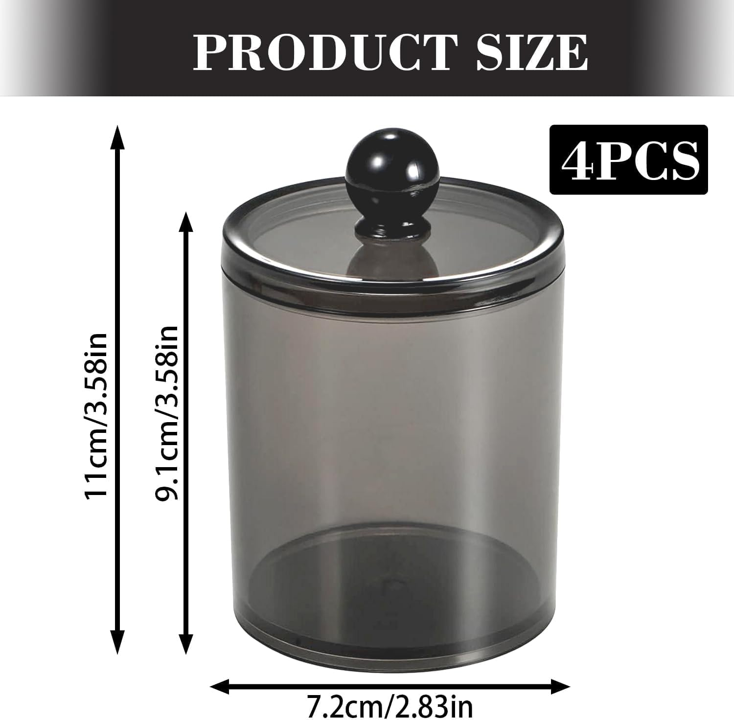 QIXIAOTOUQI 4 Pack Cotton Buds Dispenser, Cotton Pad Holder, Clear Black Cotton Swab Holder ,12 Oz Black Apothecary Jars Bathroom for Cotton Ball, Pads,Floss,Makeup Sponges,Hair Clips image number 6