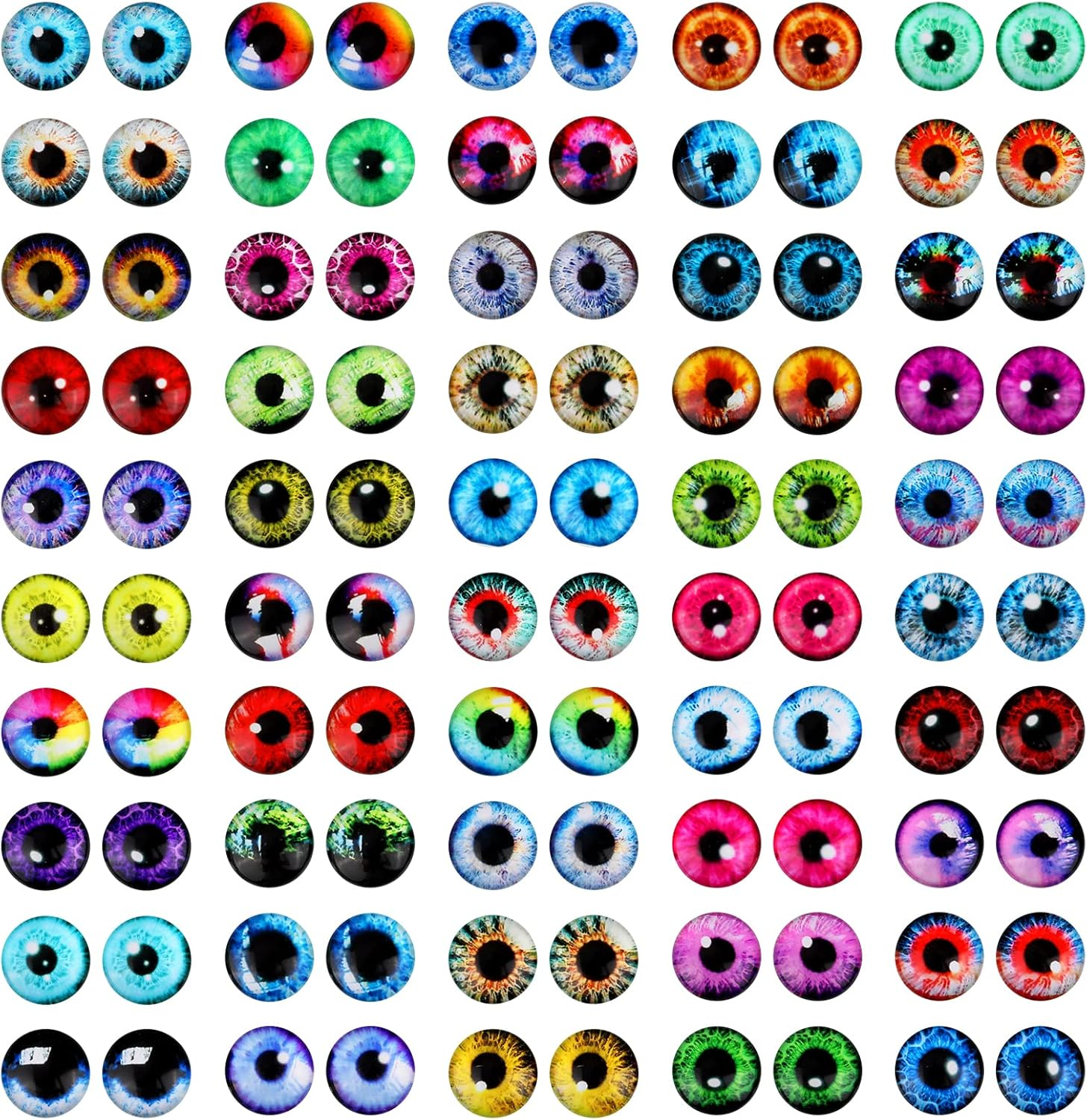 MWOOT Pack of 100 12 Mm Glass Eyes Glass Dragon Eye Kit, Dragon Eyes Glass Cabochon Eyes, 50 Style Animal Eyes Human Glass Doll Eyes for DIY Dolls Scrapbooking Jewellery Creations Halloween Craft Accessories image number 2