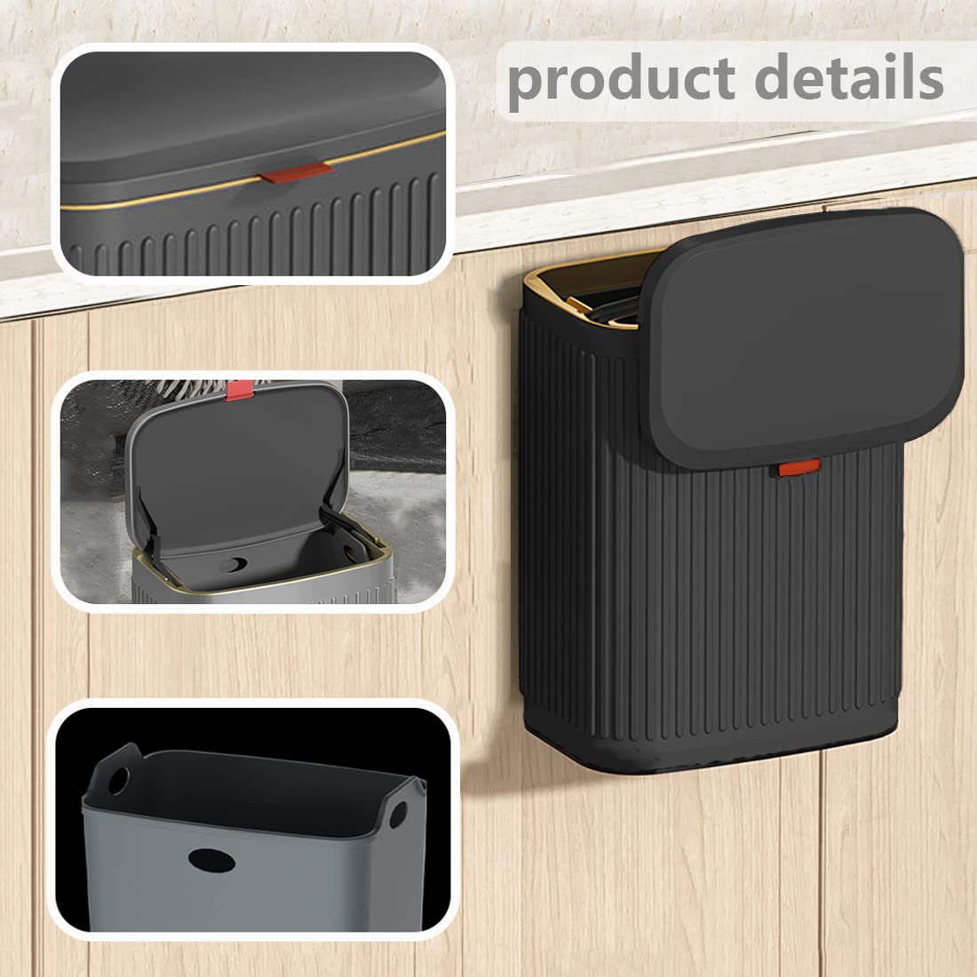 Hanging Trash Bin with Lid, 8 Liter Stainless Steel Garbage Can for Cupboard or under Sink, Wall Mounted Kitchen Compost Bin Wastebasket for Bedroom, Bathroom, Office(Black) - White image number 4