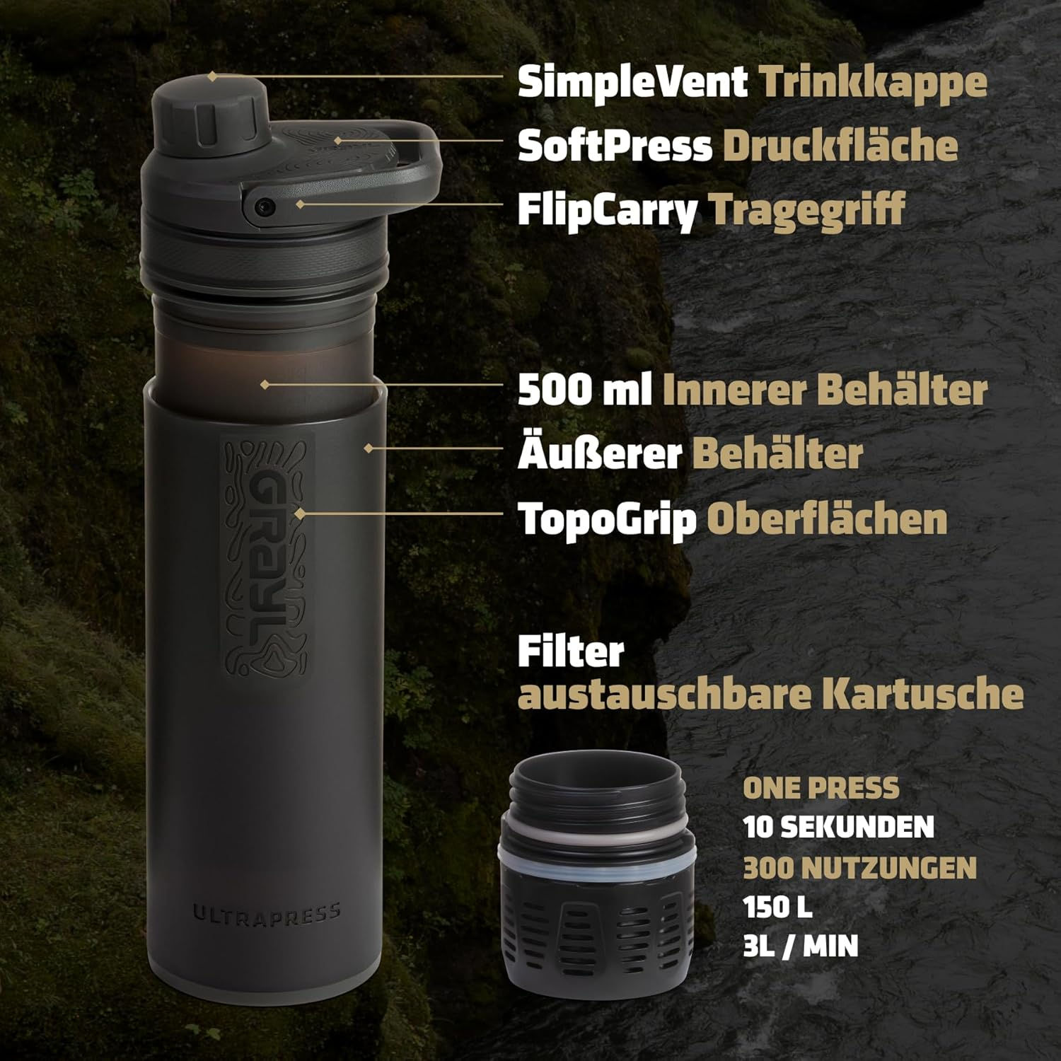 GRAYL Ultra Press Premium Outdoor Water Filter Mega Bundle with Replacement Filter 300L Drinking Water Removes 99.99% Bacteria & Viruses for Camping, Survival & Travel - Covert Black + Black image number 5