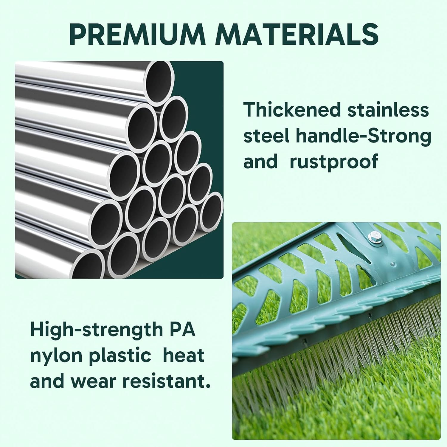 Artificial Rake, Double Sided Garden Hand Broom Rake Stainless Steel Long Pole Leaves Rake16 Inch Wide for Garden Grass Clean Lawn Artificial Turf Patios Carpets Pet Hairs Cleaner