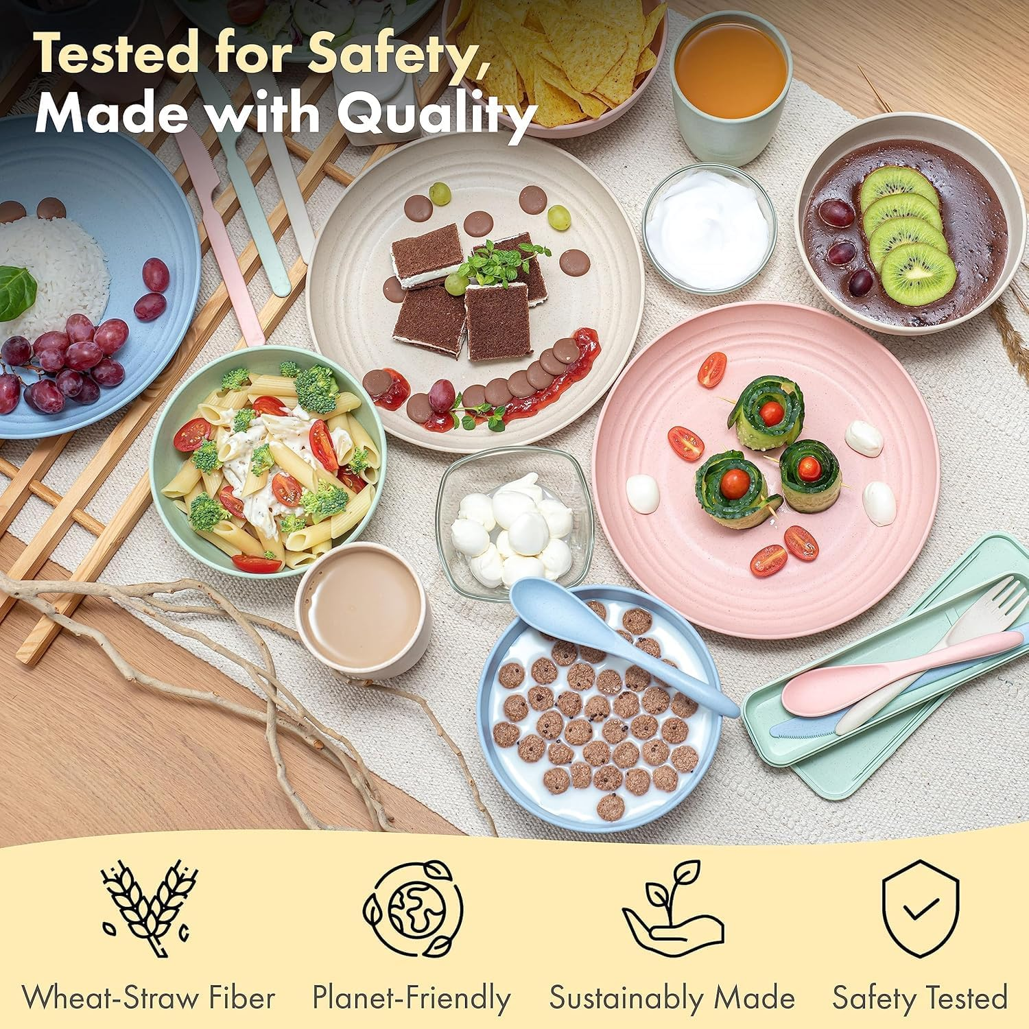 Wheat Straw Dinnerware Sets for 6, 42 Pcs Lightweight & Unbreakable Dishes, Microwave & Dishwasher Safe, Eco Friendly, for Camping, Picnic, RV, Dorm, Apartment,Plates, Cups and Bowls for Kids & Adults image number 4