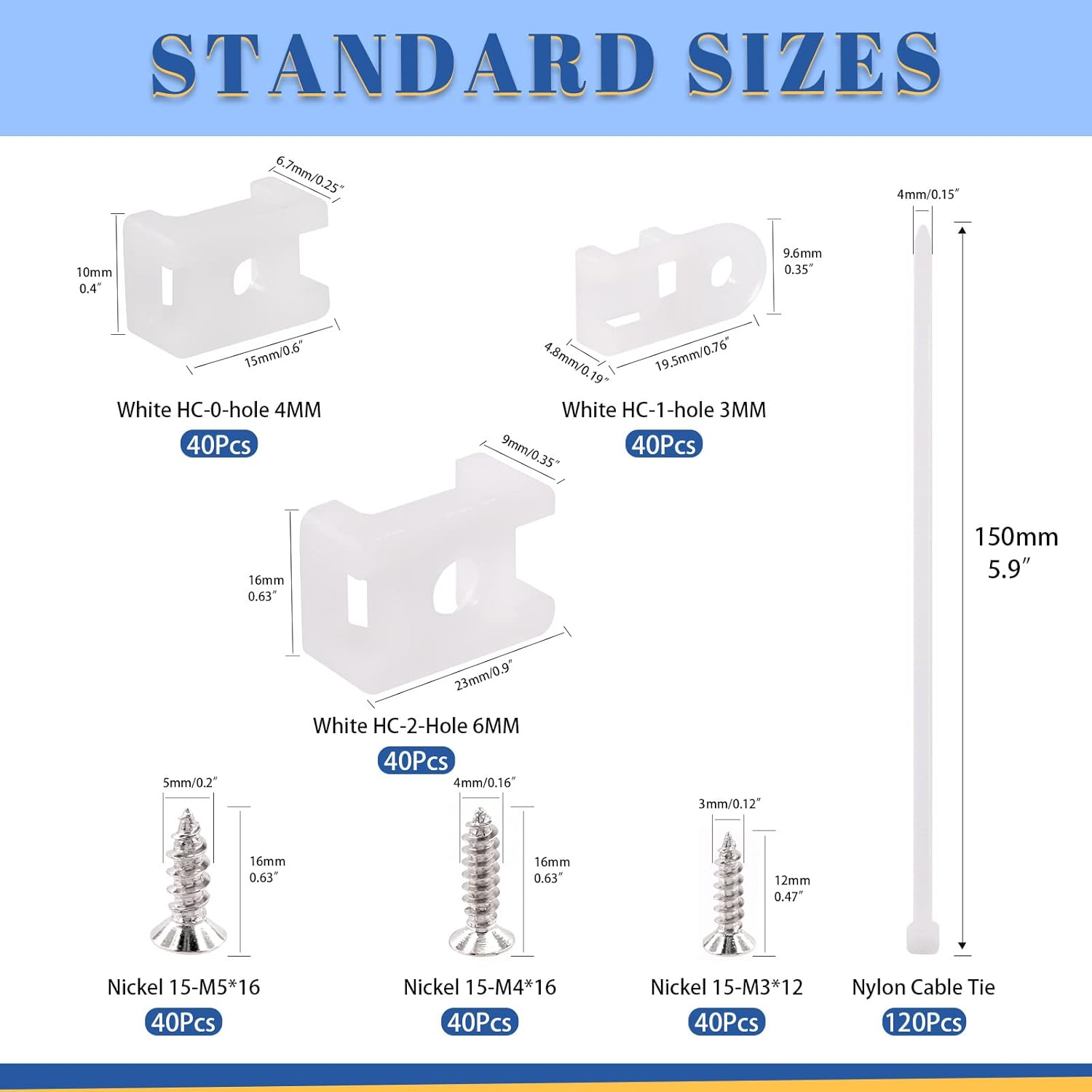 Glarks 360Pcs White Cable Tie Base and Cable Zip Ties with Mounting Screws Set, 120Pcs 3MM 4MM 6MM Saddle Type Mount Wire Holder and 120Pcs 6 Inch Self-Locking Cable Tie with 120Pcs Pan Head Screws image number 6