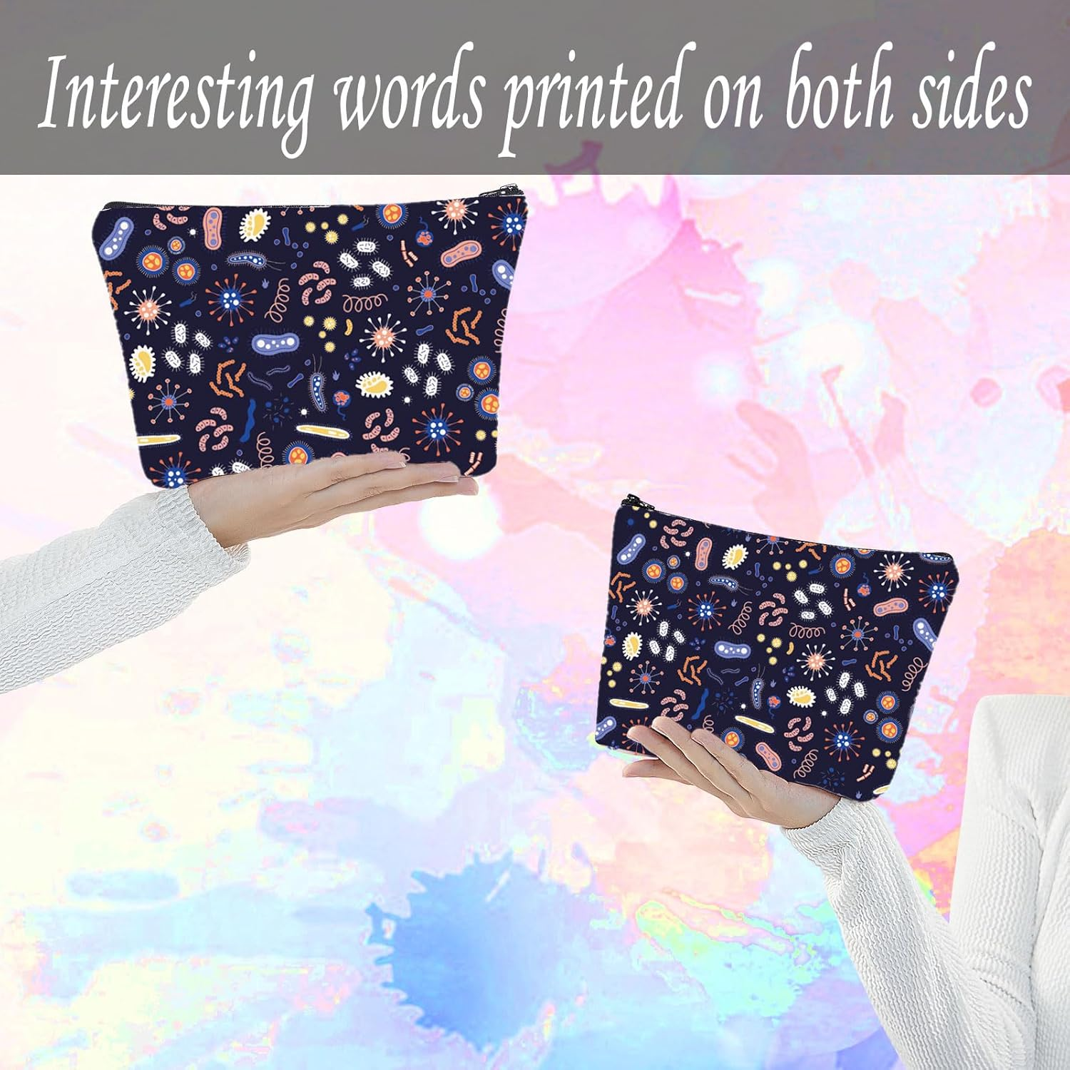 LEVLO Microbiology Bacteria Makeup Bag Science Art Biologist Reusable Book Cosmetic Bag Gift for Teacher, Microbiology, Daily image number 2